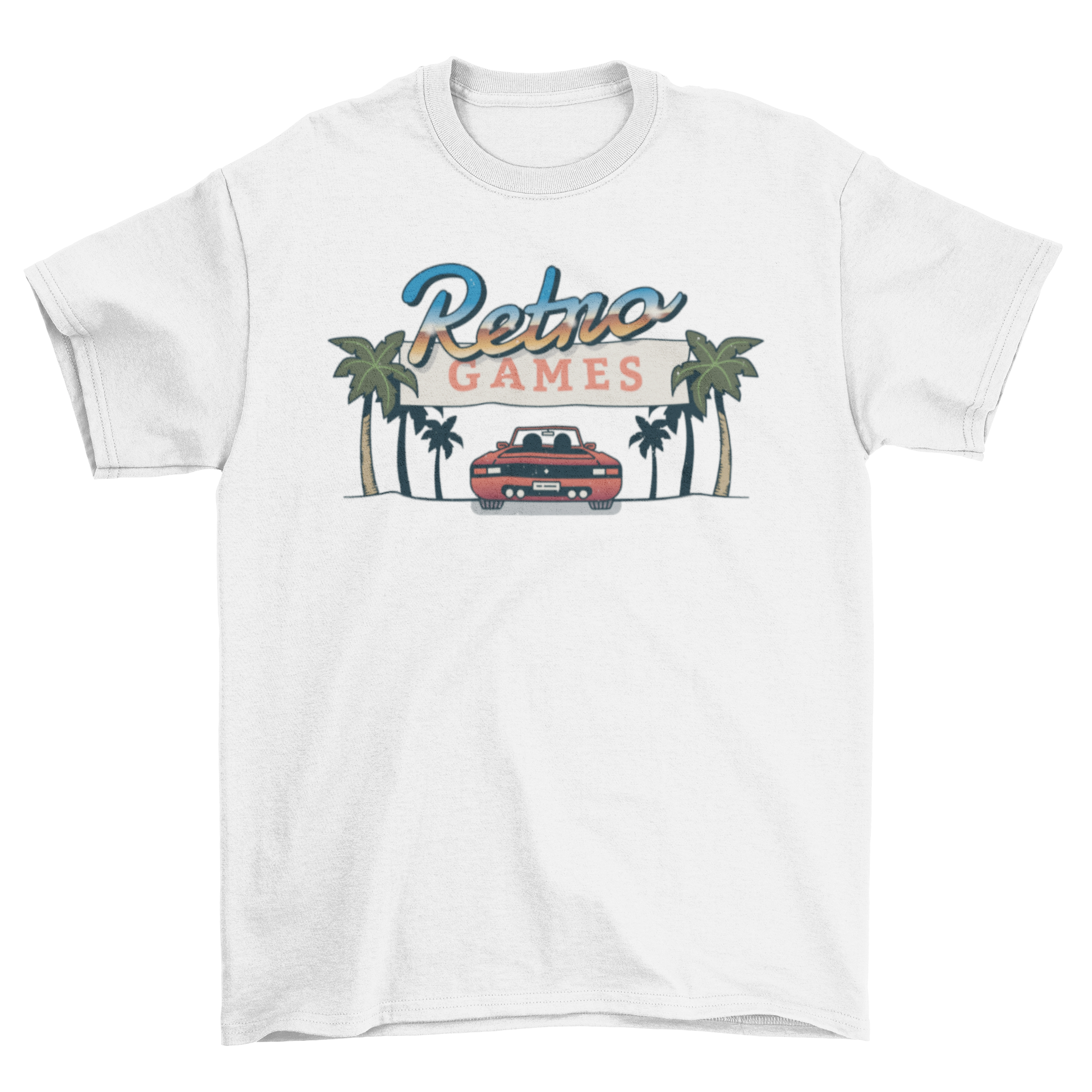 Retro games t-shirt featuring a vibrant design of a retro car and palm trees with the text 'Retro Games'.