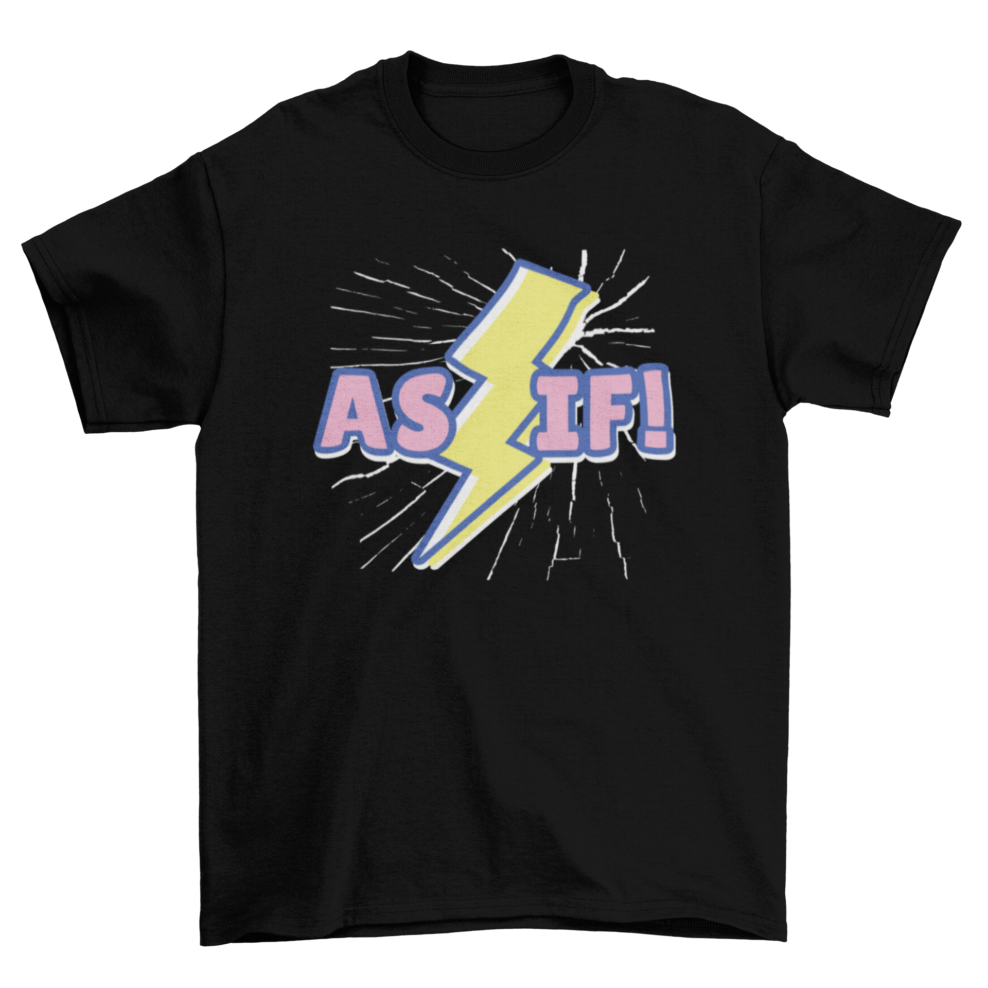 Retro Lightning Quote T-Shirt featuring pink and blue lettering with a yellow lightning bolt design.