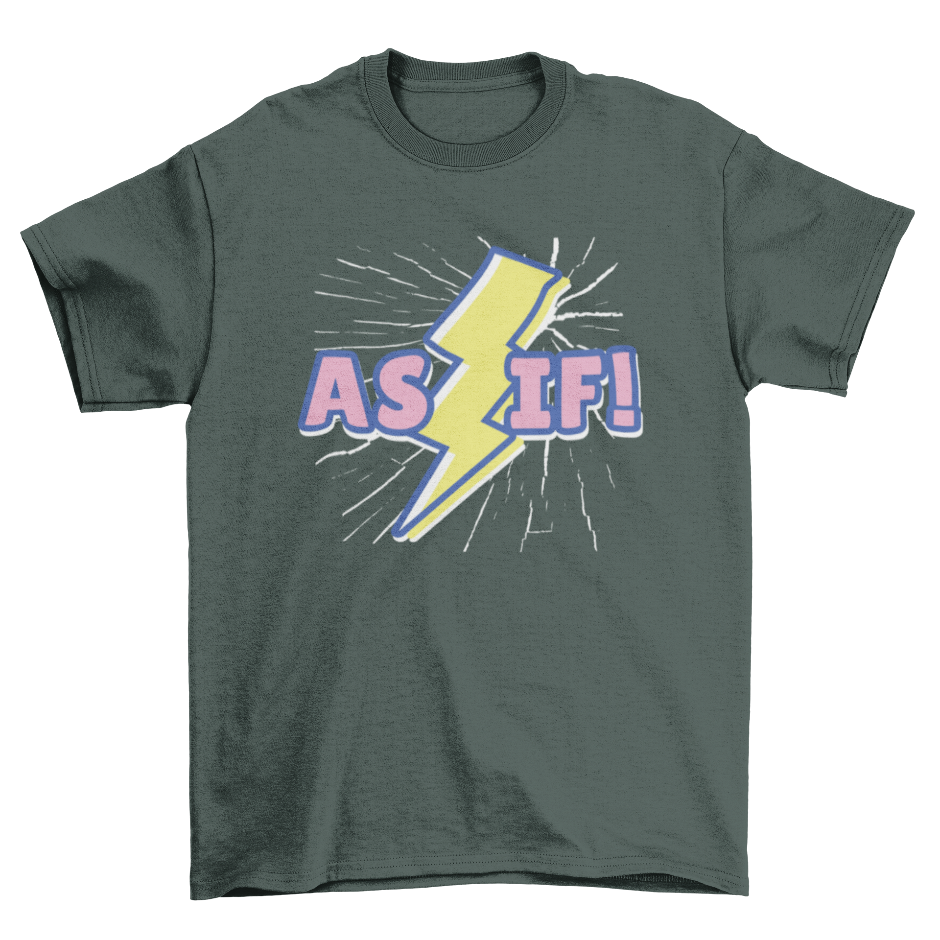 Retro Lightning Quote T-Shirt featuring pink and blue lettering with a yellow lightning bolt design.