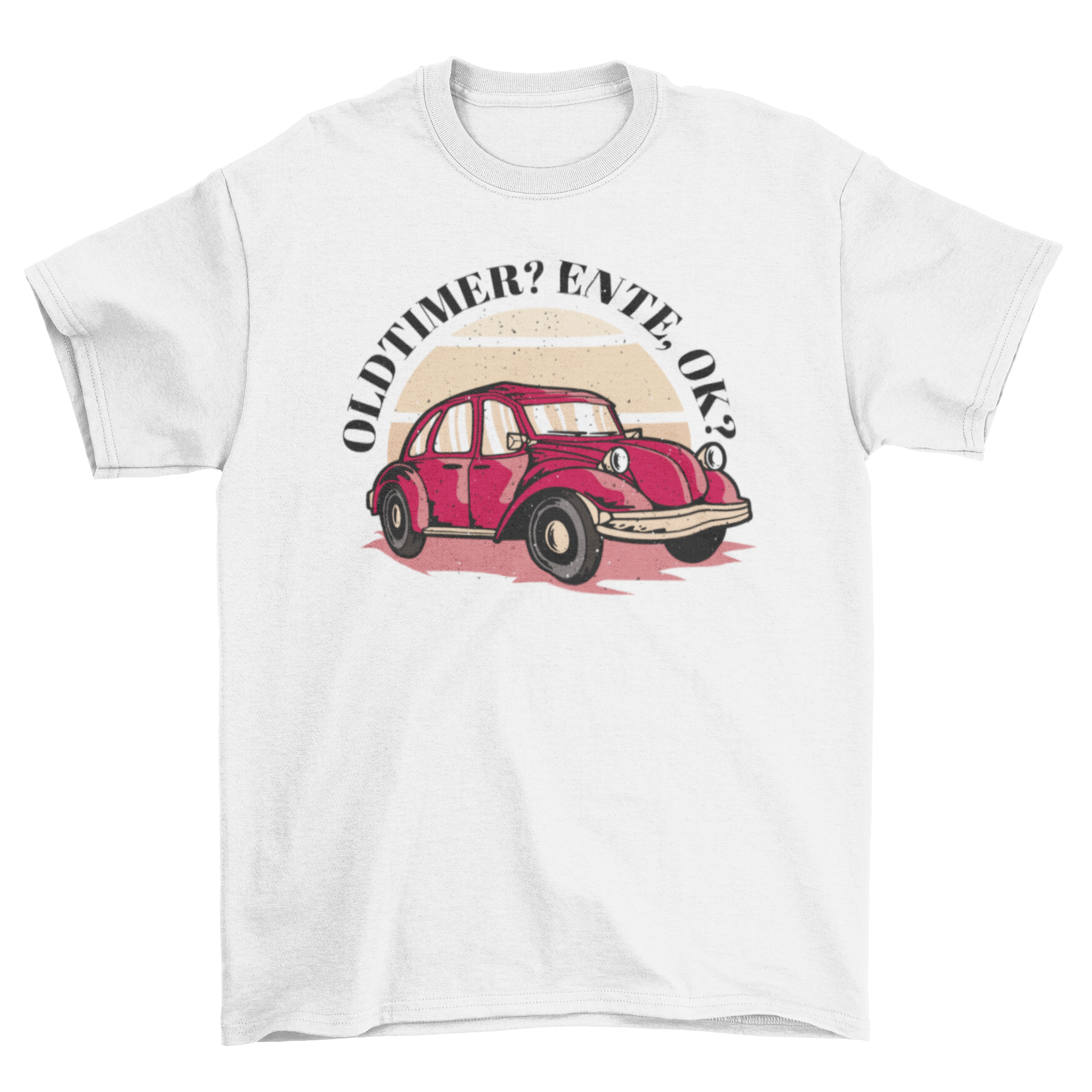 Retro t-shirt featuring an old car design with the quote 'Oldtimer? Ente, ok?' in a stylish font.