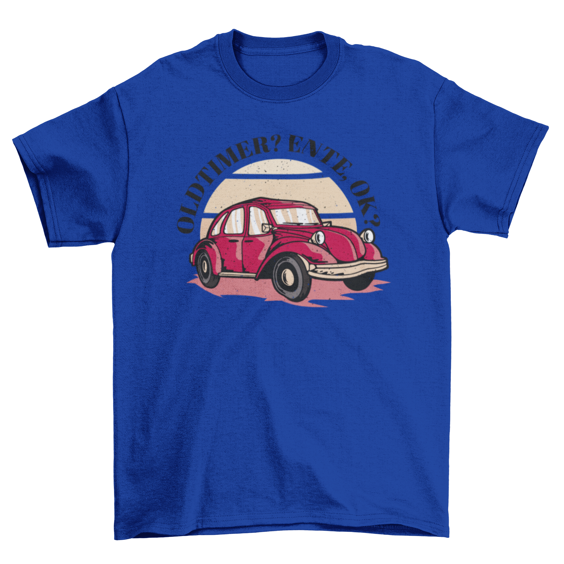 Retro t-shirt featuring an old car design with the quote 'Oldtimer? Ente, ok?' in a stylish font.