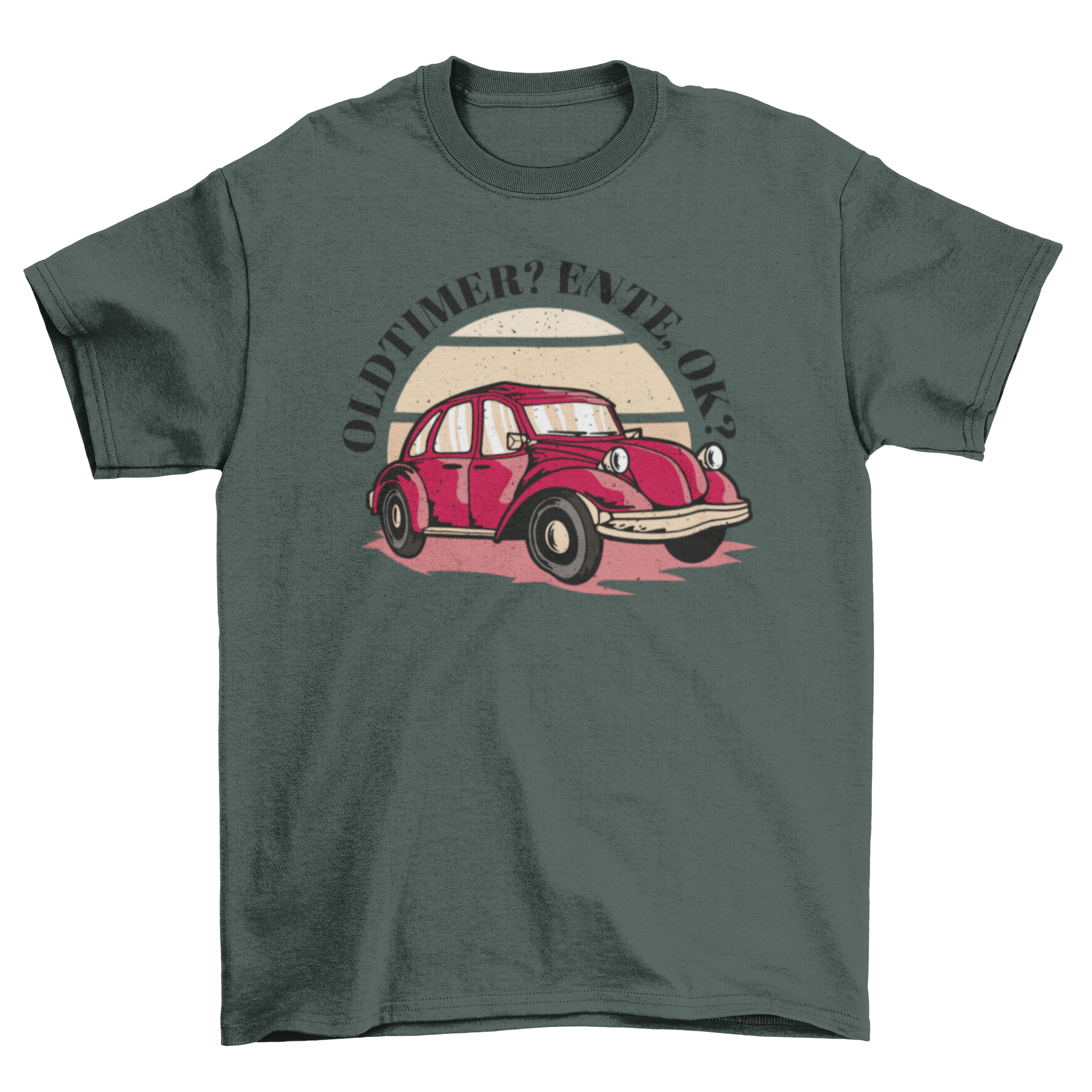 Retro t-shirt featuring an old car design with the quote 'Oldtimer? Ente, ok?' in a stylish font.