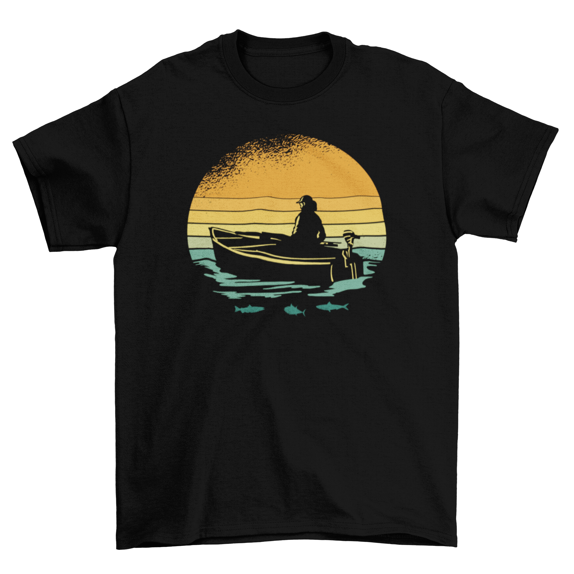 Retro sunset boat t-shirt featuring a woman on a boat during a vibrant sunset.