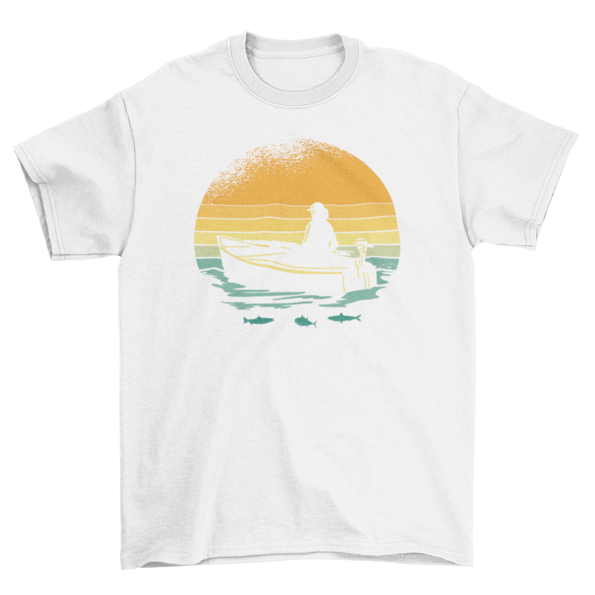 Retro sunset boat t-shirt featuring a woman on a boat during a vibrant sunset.