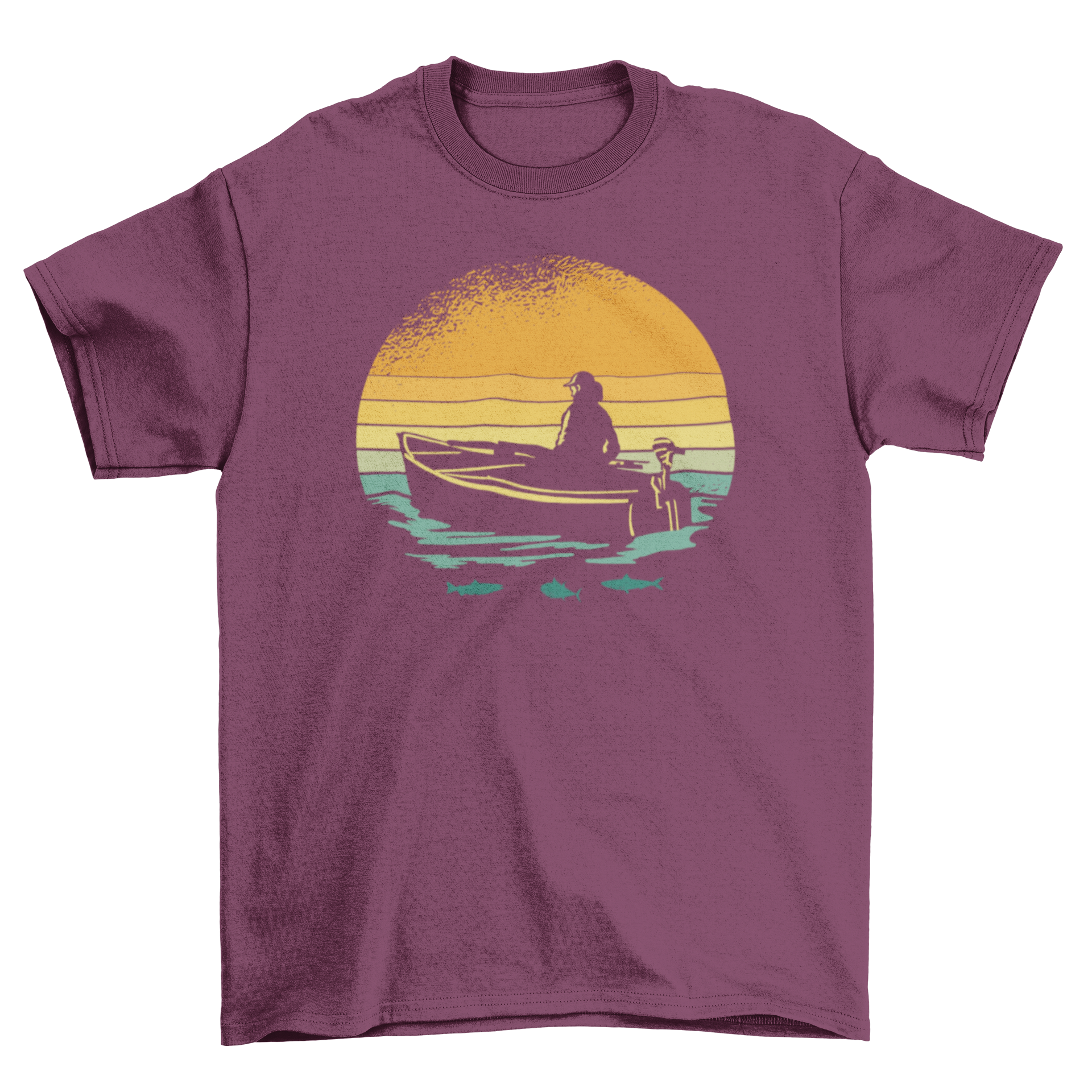 Retro sunset boat t-shirt featuring a woman on a boat during a vibrant sunset.