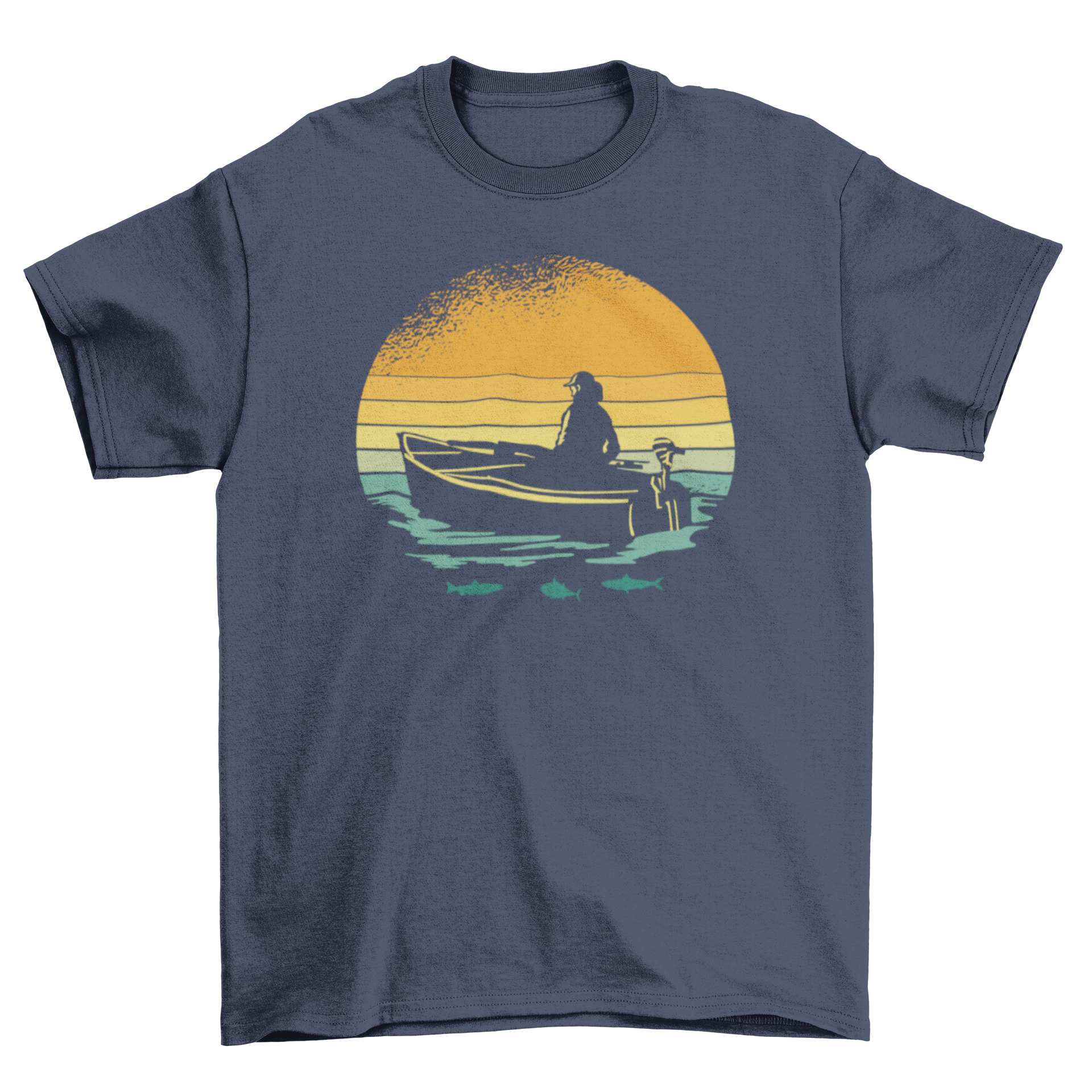 Retro sunset boat t-shirt featuring a woman on a boat during a vibrant sunset.