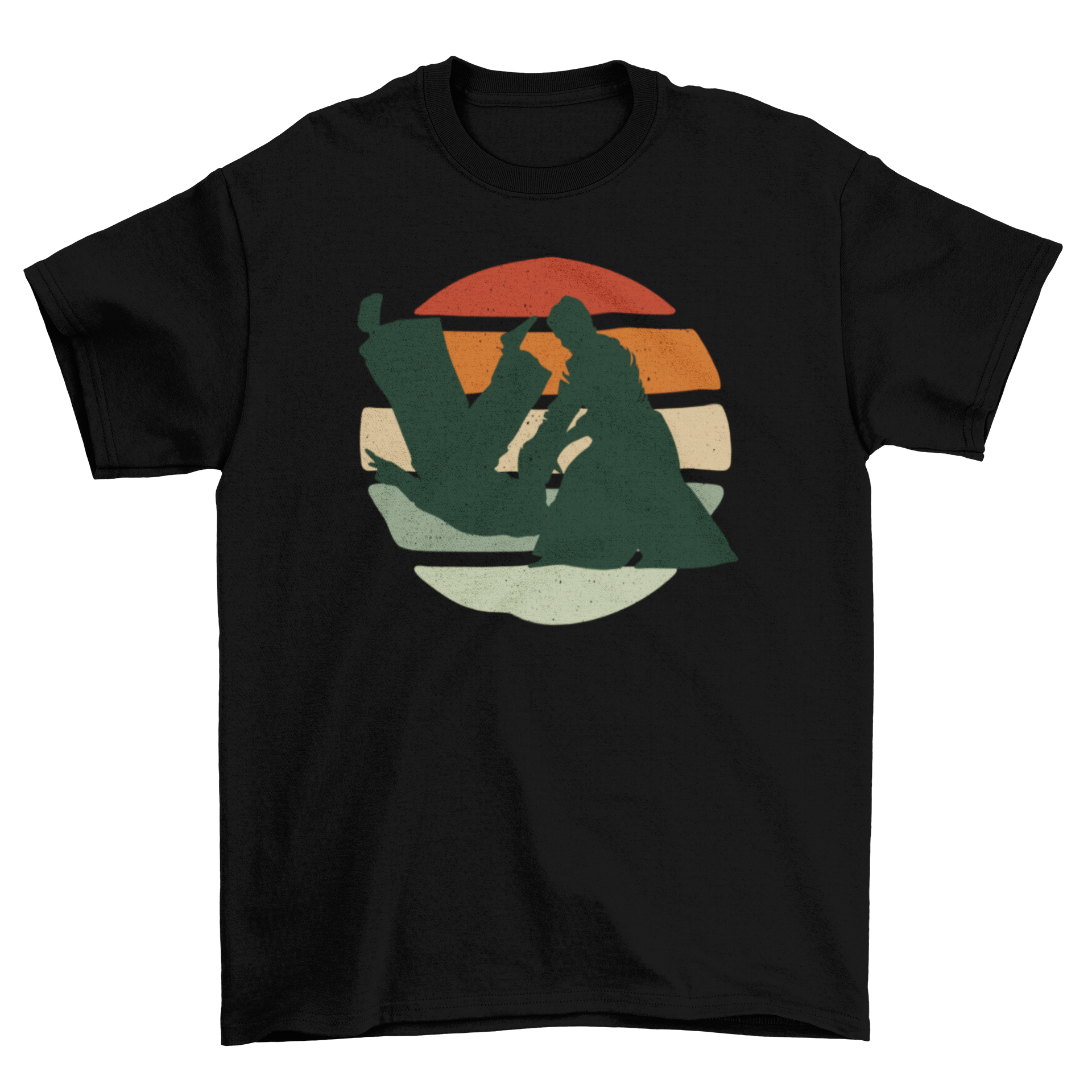 Retro sunset jiujitsu t-shirt featuring two practitioners in action with a vibrant sunset background.