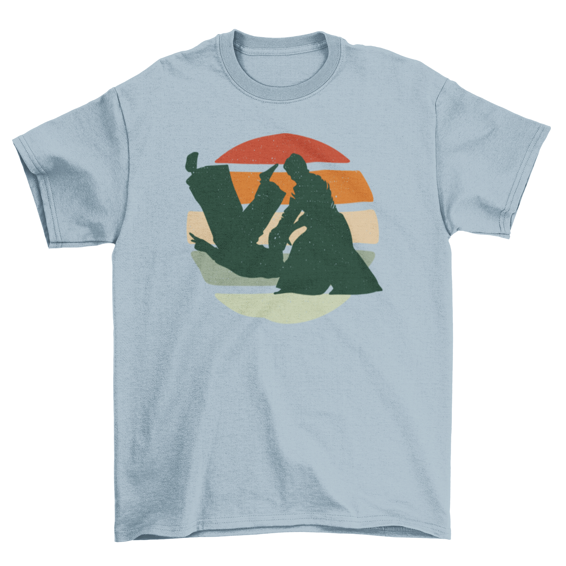 Retro sunset jiujitsu t-shirt featuring two practitioners in action with a vibrant sunset background.