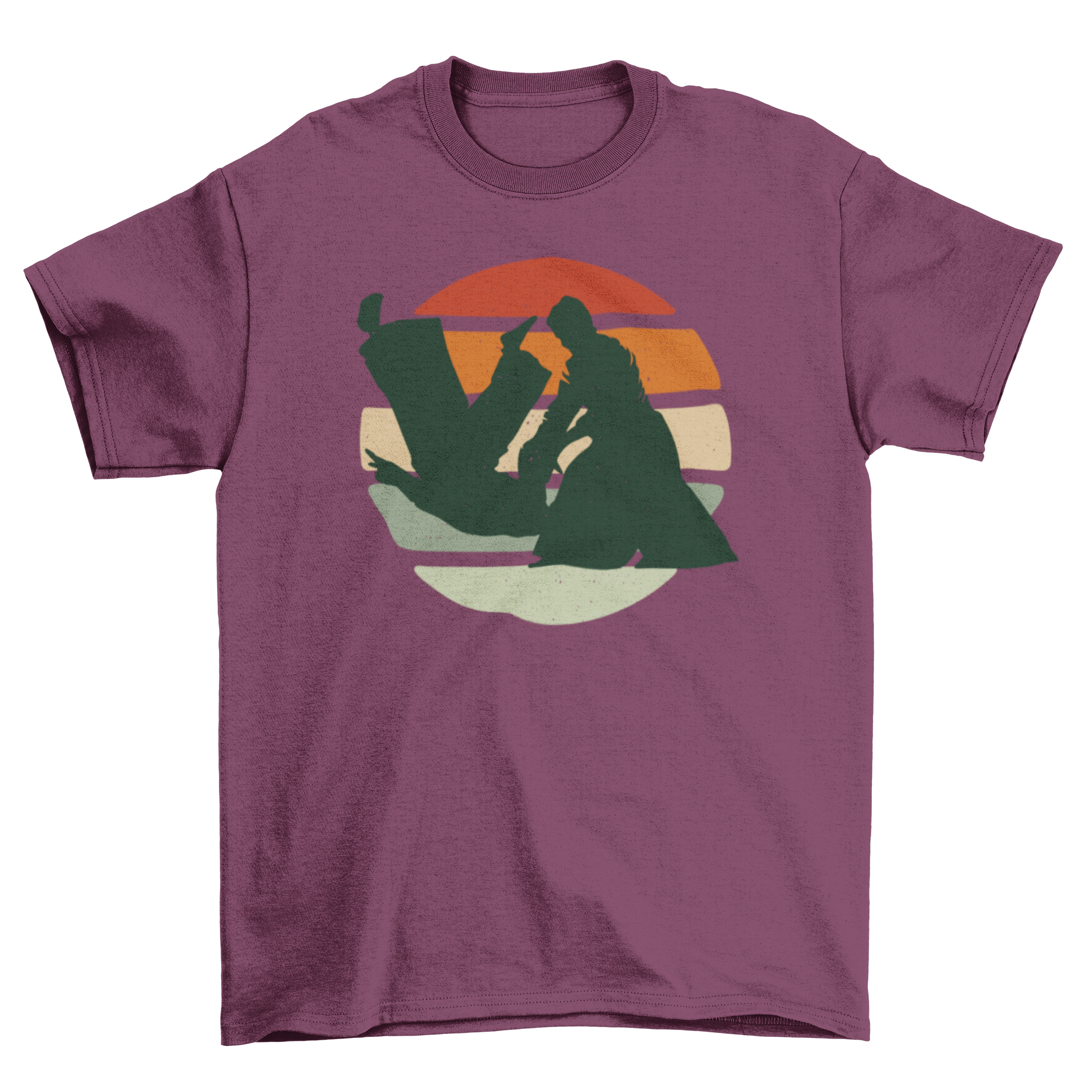 Retro sunset jiujitsu t-shirt featuring two practitioners in action with a vibrant sunset background.