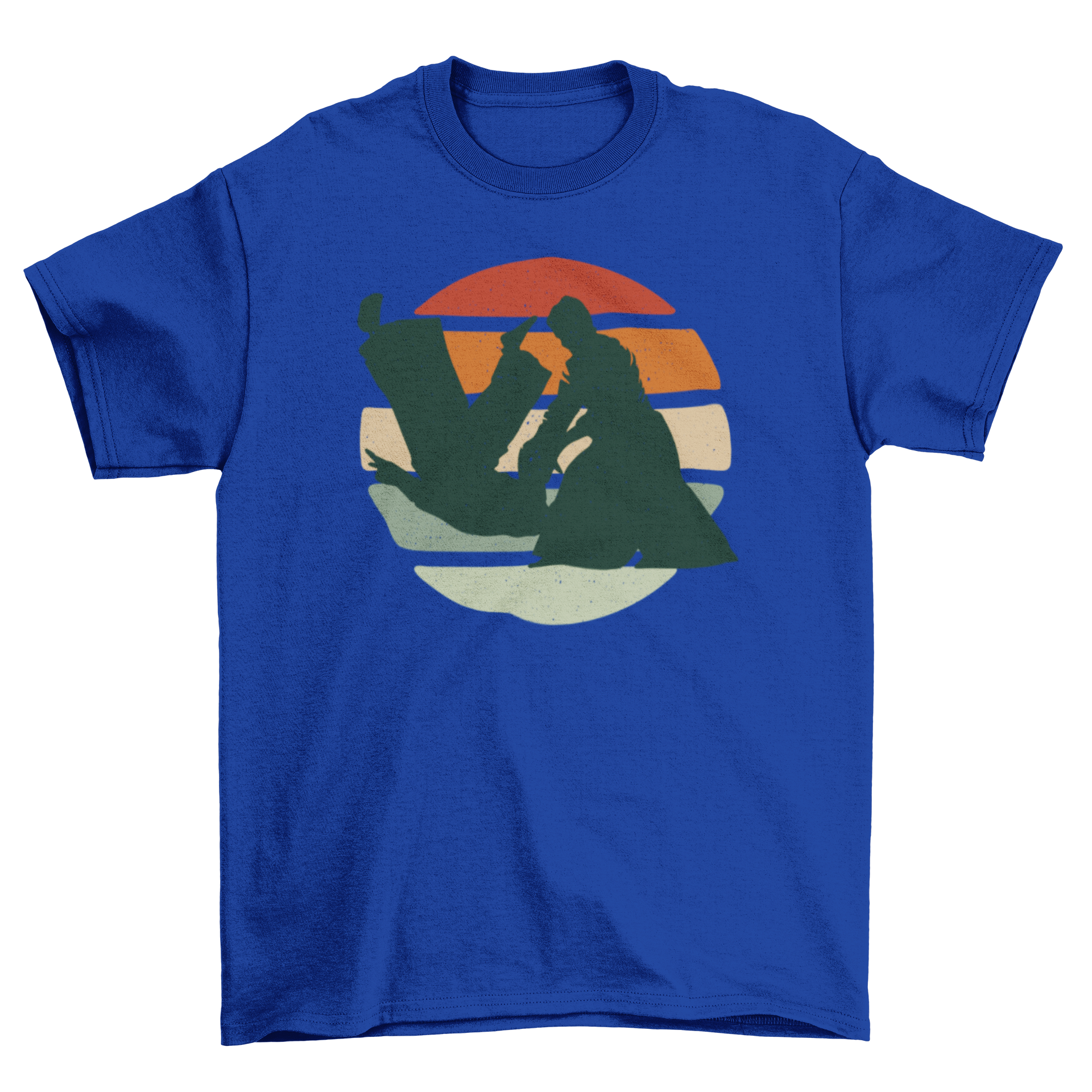 Retro sunset jiujitsu t-shirt featuring two practitioners in action with a vibrant sunset background.