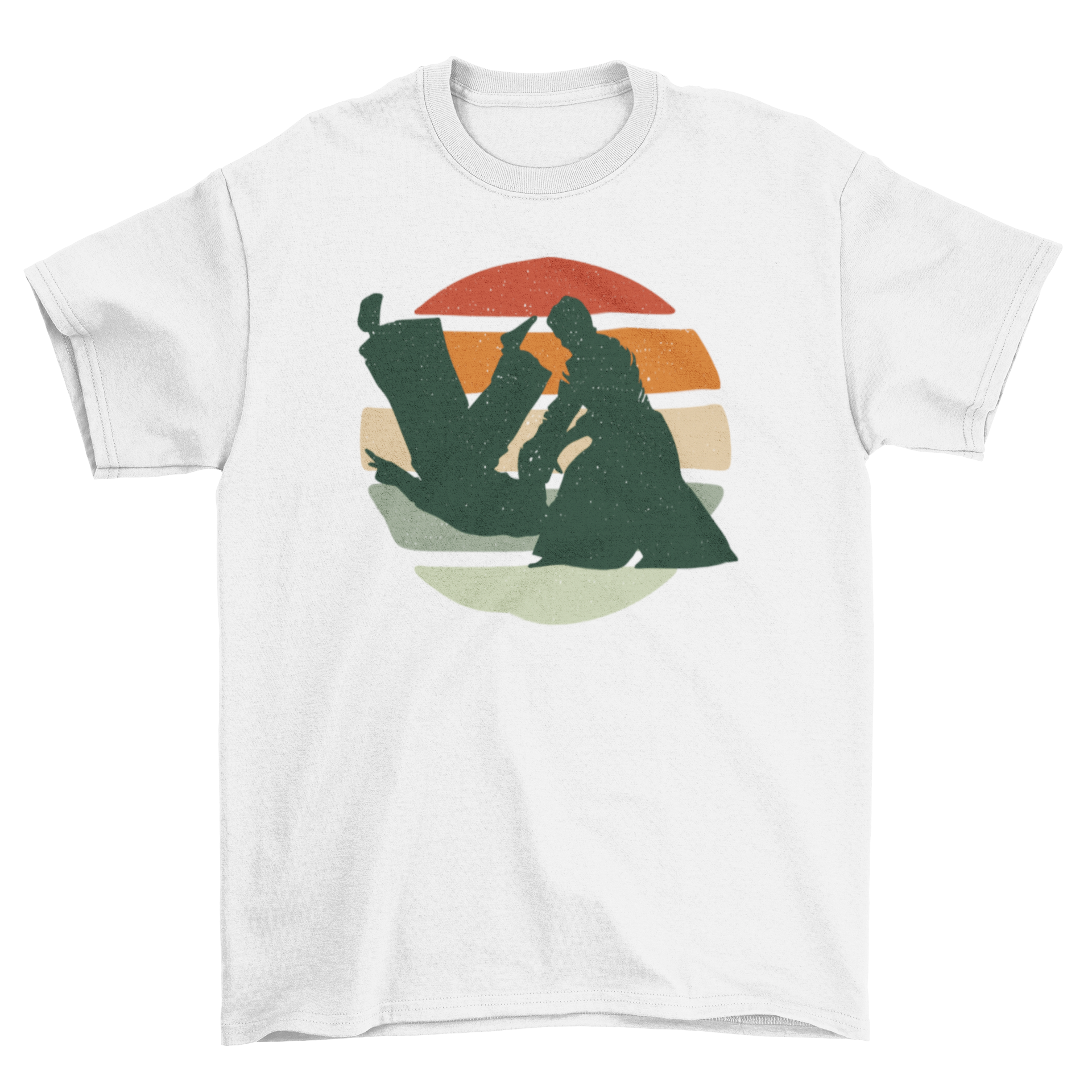 Retro sunset jiujitsu t-shirt featuring two practitioners in action with a vibrant sunset background.