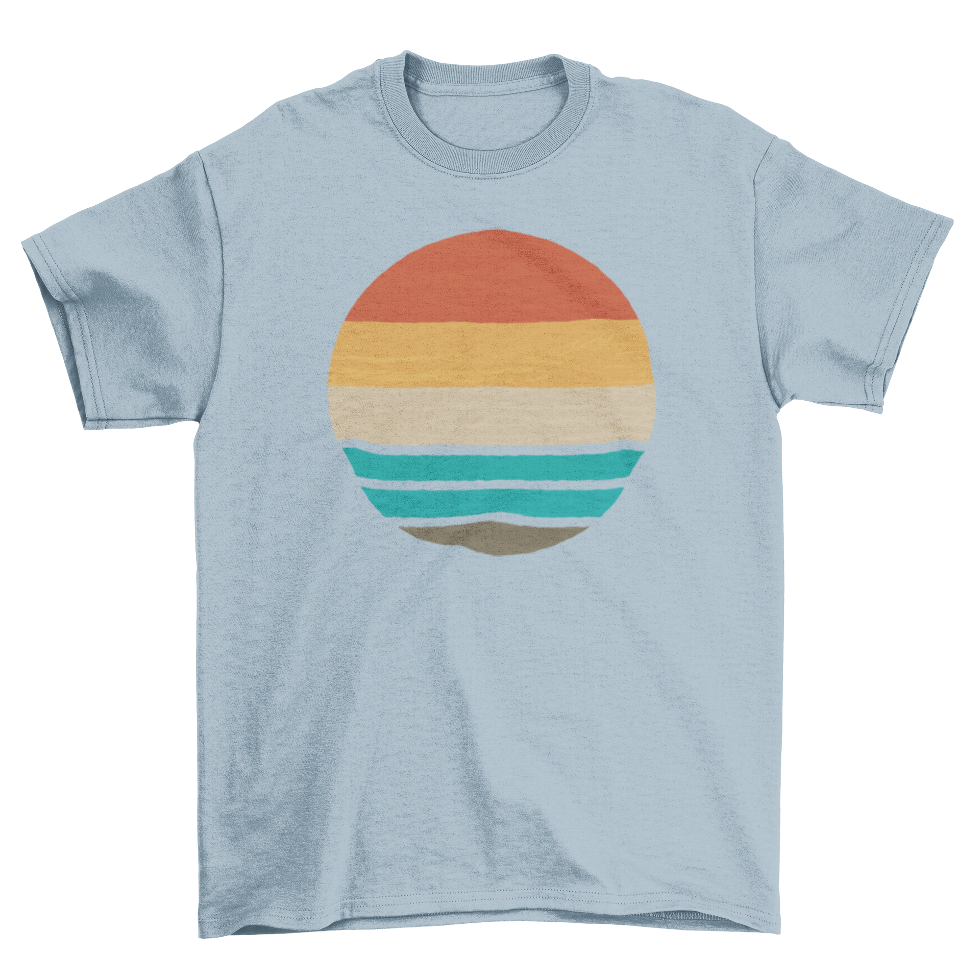 A retro-style t-shirt featuring a vibrant sunset over the ocean, showcasing warm colors and a nostalgic design.