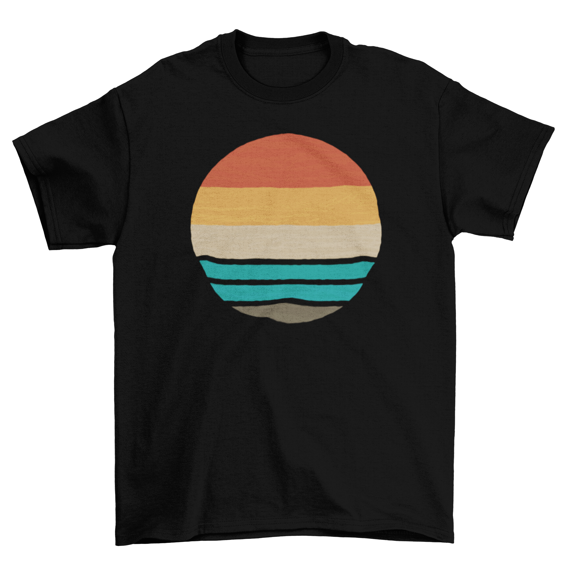 A retro-style t-shirt featuring a vibrant sunset over the ocean, showcasing warm colors and a nostalgic design.