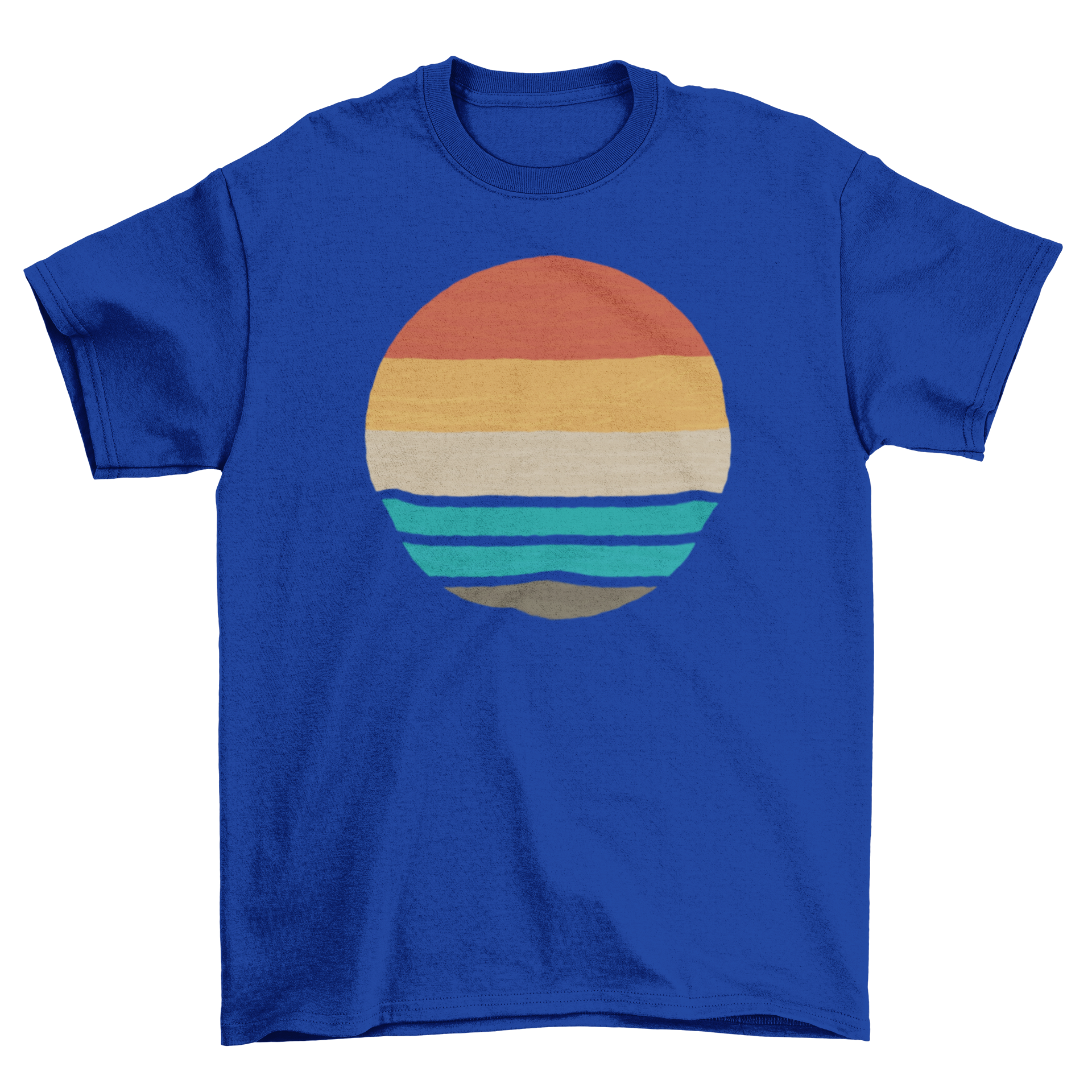 A retro-style t-shirt featuring a vibrant sunset over the ocean, showcasing warm colors and a nostalgic design.