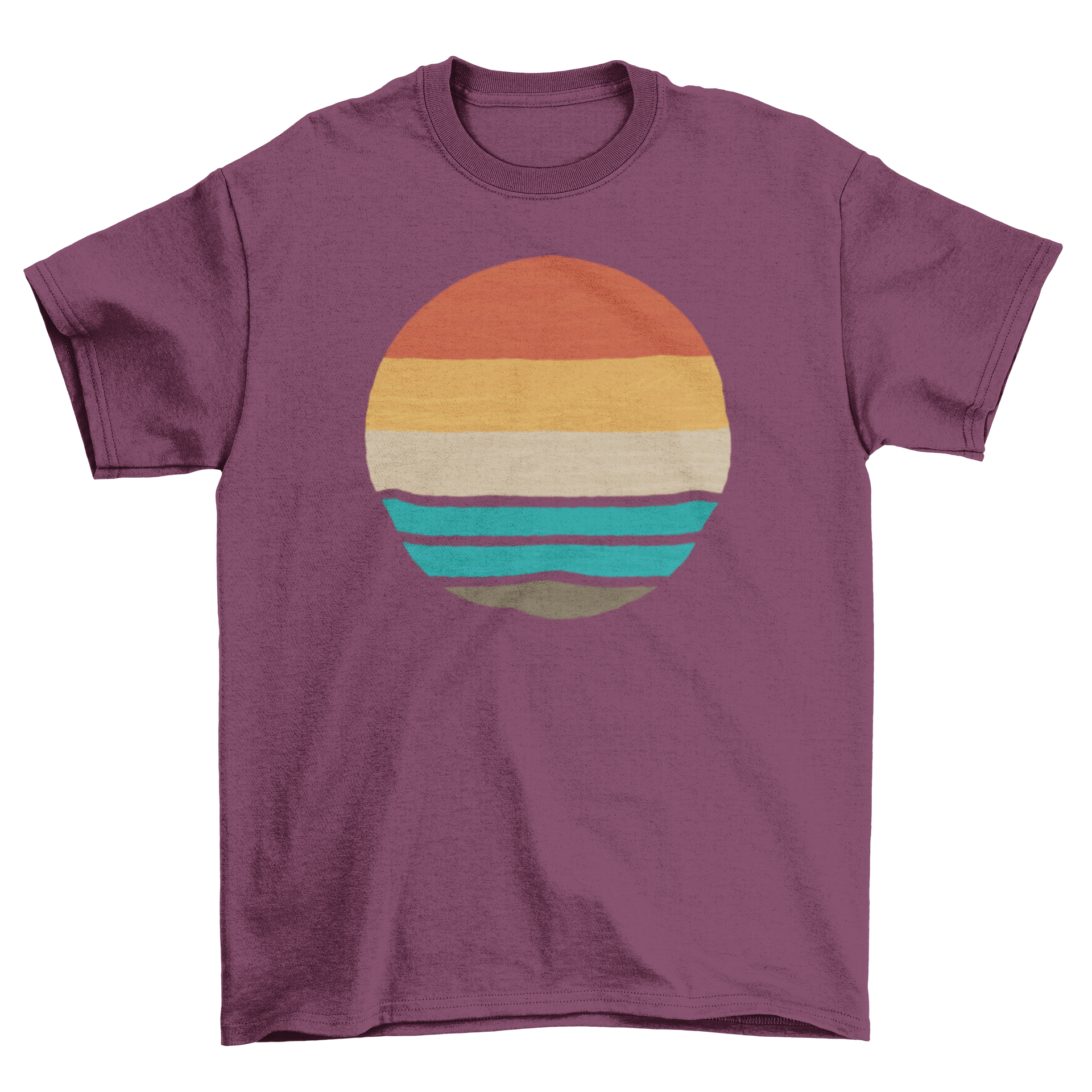 A retro-style t-shirt featuring a vibrant sunset over the ocean, showcasing warm colors and a nostalgic design.