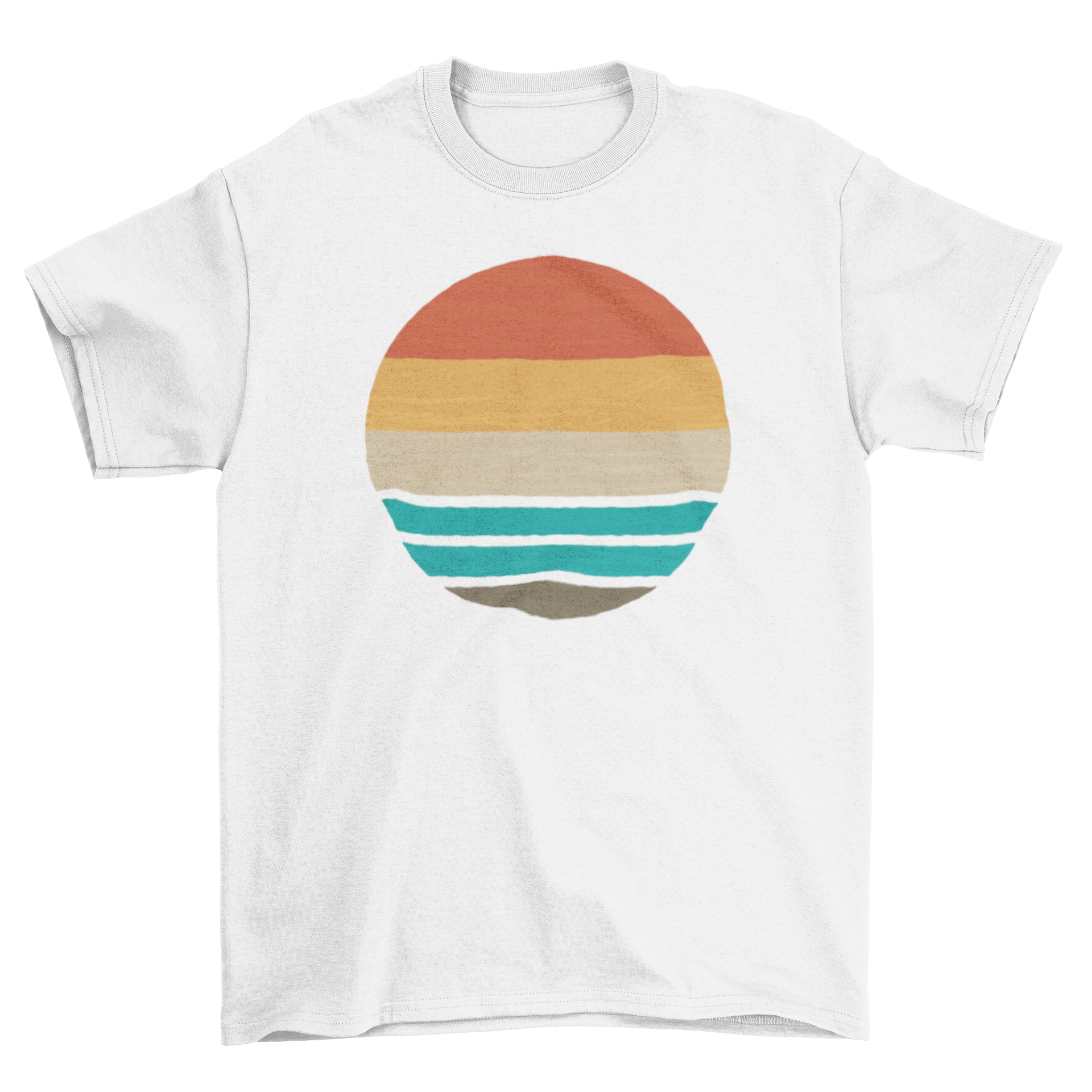 A retro-style t-shirt featuring a vibrant sunset over the ocean, showcasing warm colors and a nostalgic design.