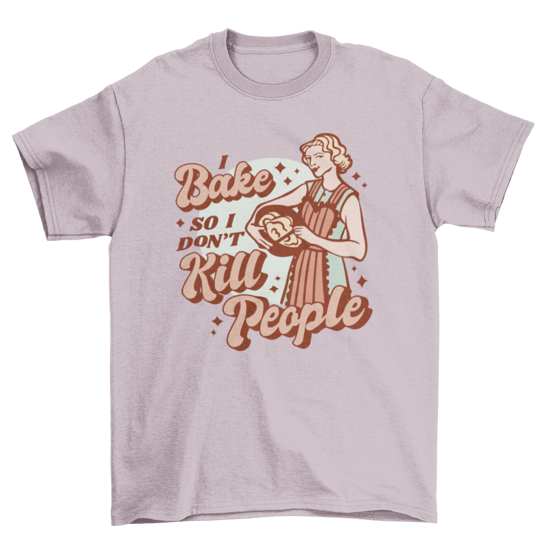 A humorous t-shirt featuring a retro woman baking with the quote 'I bake so I don't kill people'.