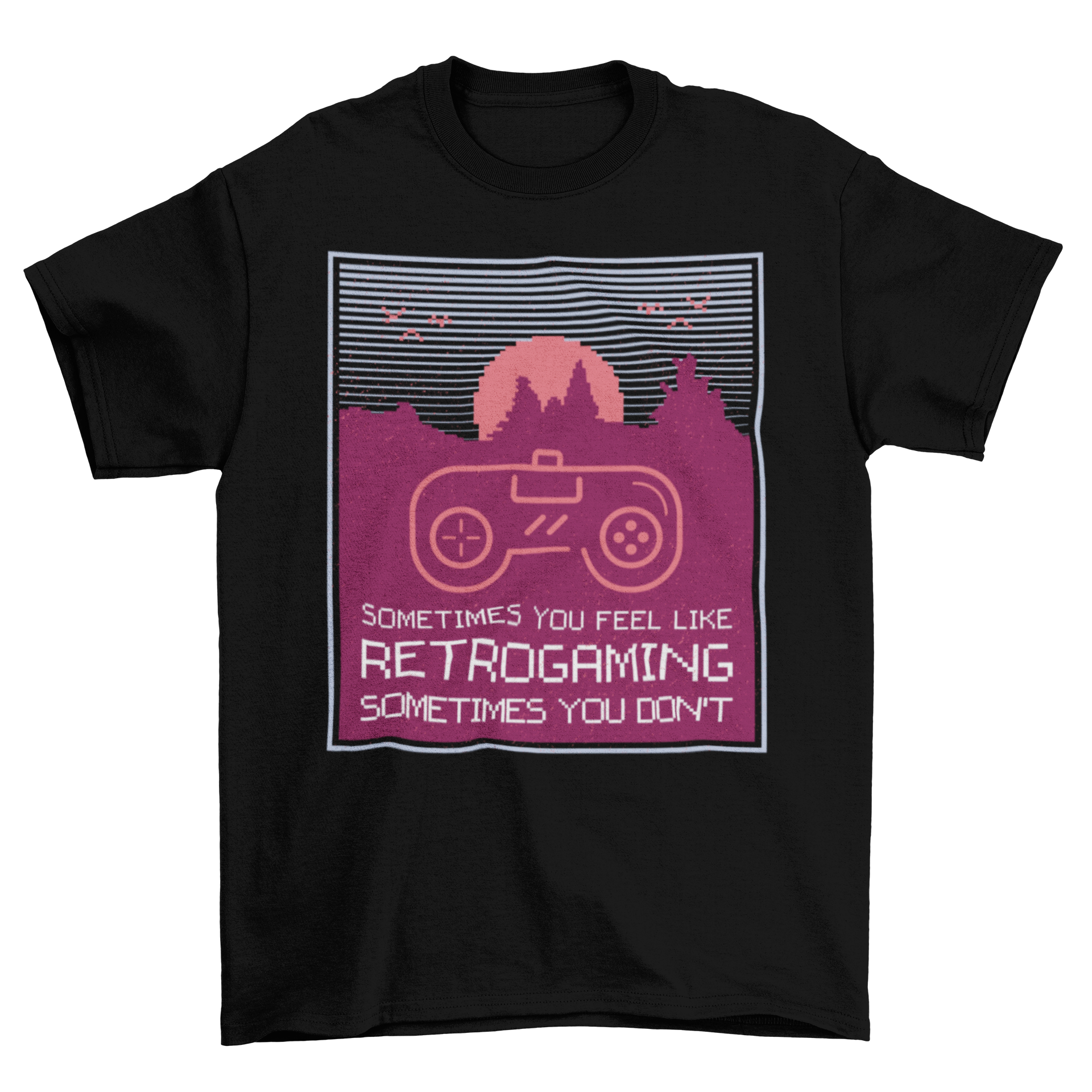 Retrogaming t-shirt featuring a joystick illustration over a sunset landscape.