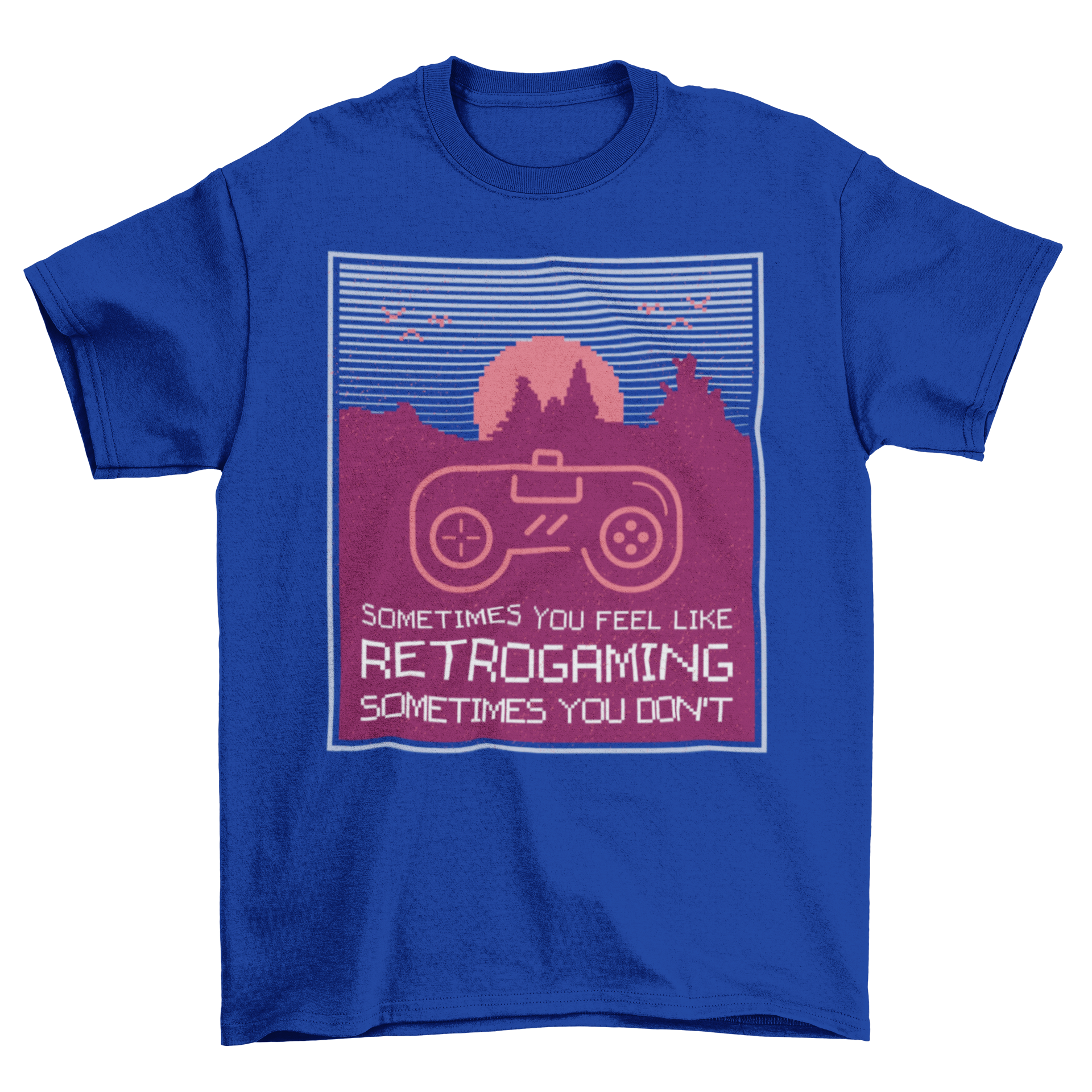 Retrogaming t-shirt featuring a joystick illustration over a sunset landscape.