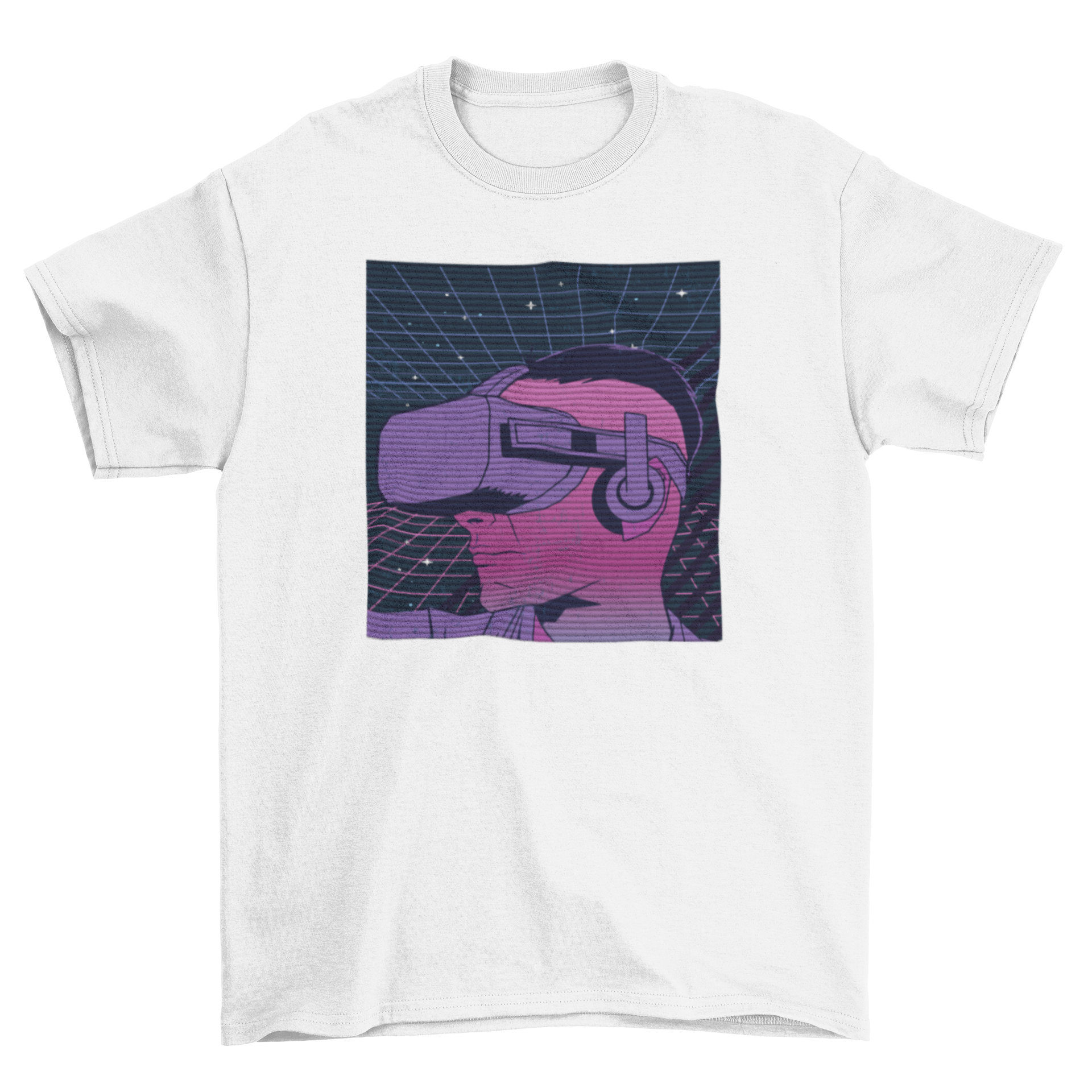 Retrowave Future T-shirt featuring a man with a VR headset and the quote 'The future' in vibrant colors.