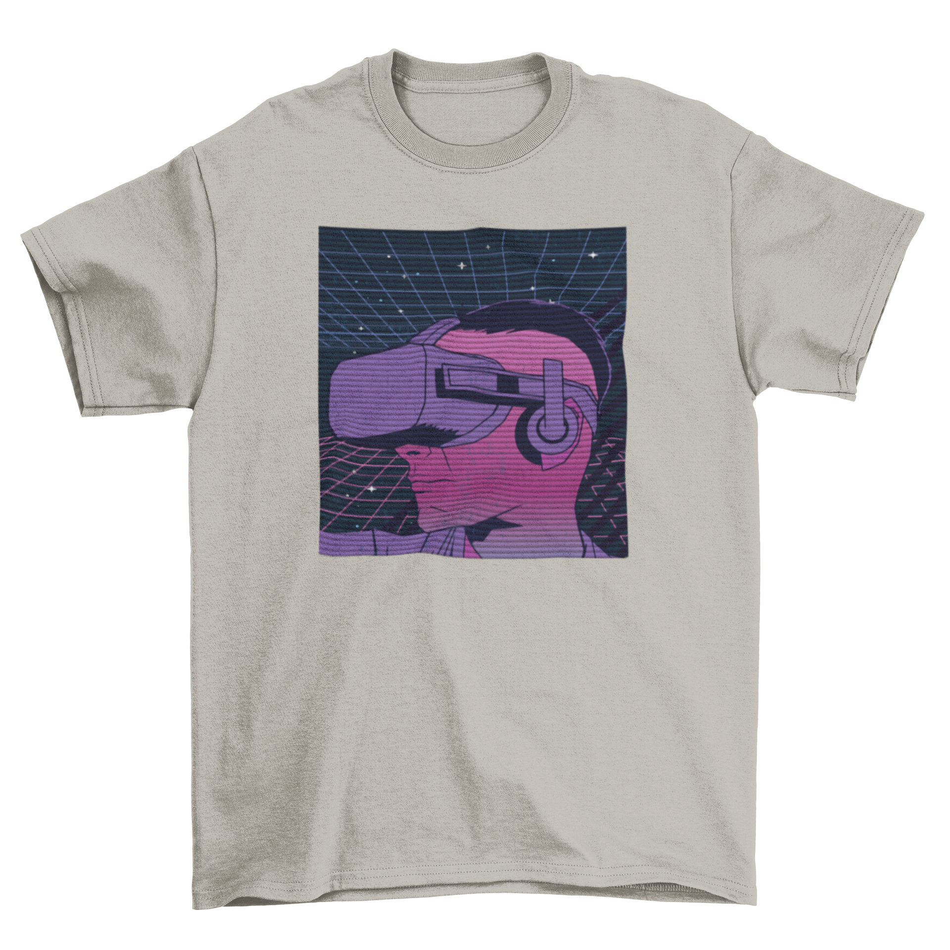 Retrowave Future T-shirt featuring a man with a VR headset and the quote 'The future' in vibrant colors.