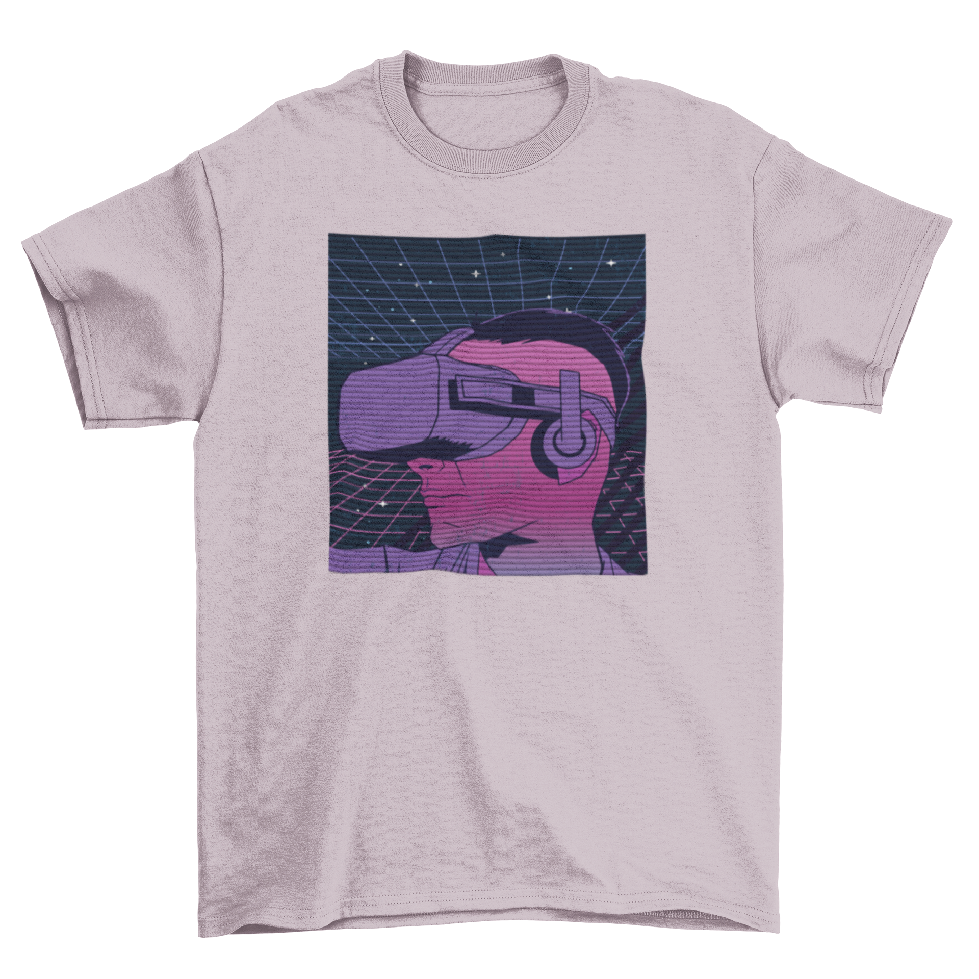 Retrowave Future T-shirt featuring a man with a VR headset and the quote 'The future' in vibrant colors.