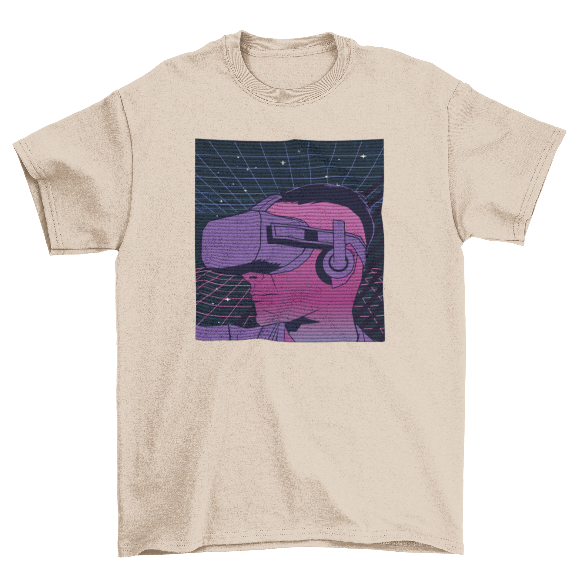 Retrowave Future T-shirt featuring a man with a VR headset and the quote 'The future' in vibrant colors.