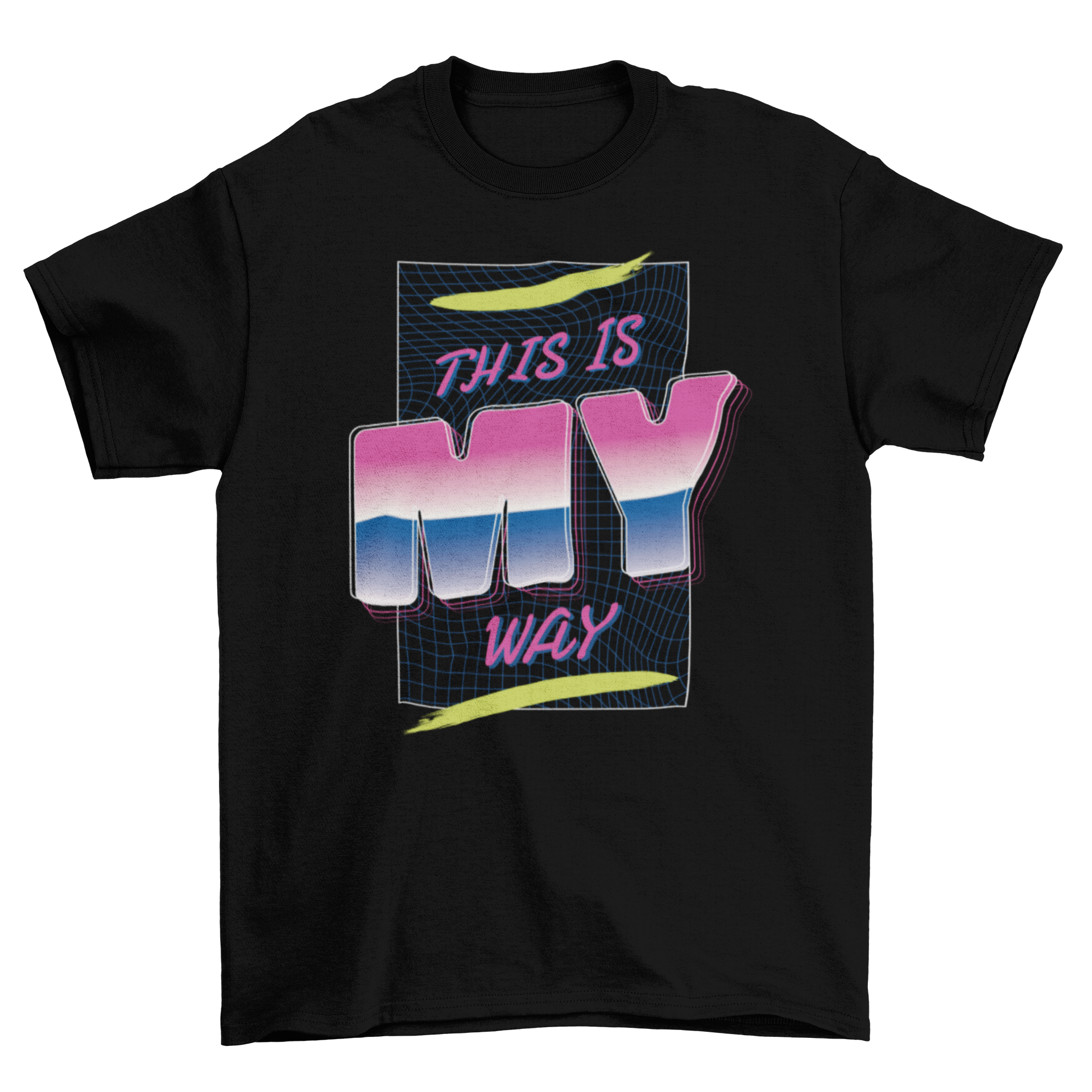 Retrowave style T-shirt featuring the quote 'This is my way' in vibrant colors and retro design.