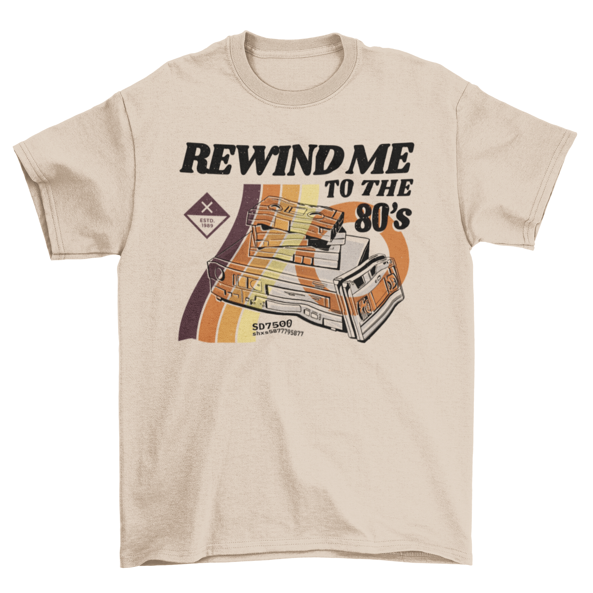 A stylish retro t-shirt featuring the quote 'Rewind me to the 80's', showcasing vibrant colors and a nostalgic design.