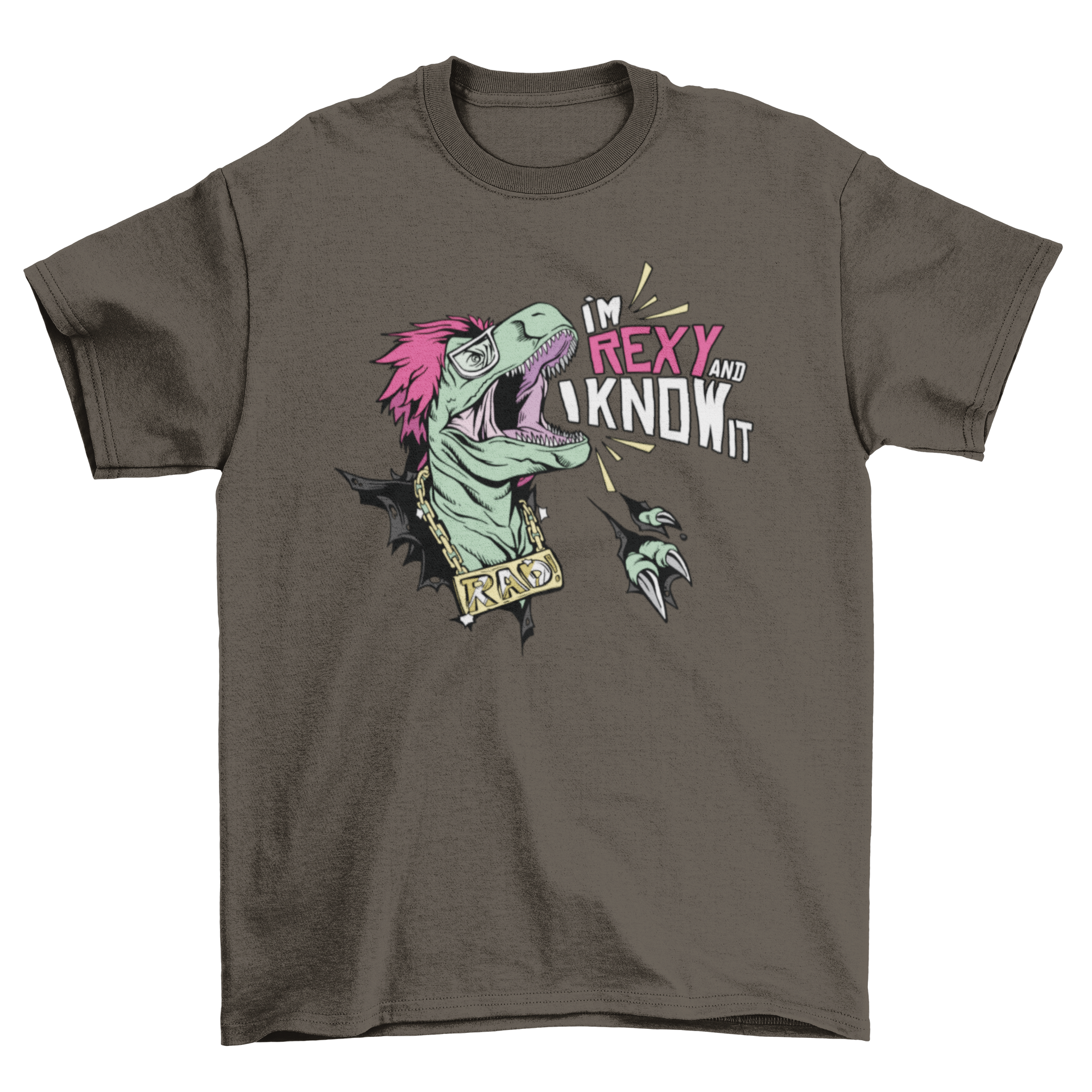 Rexy T-Rex T-Shirt featuring a playful dinosaur design with the phrase 'I'm Rexy and I know it.'