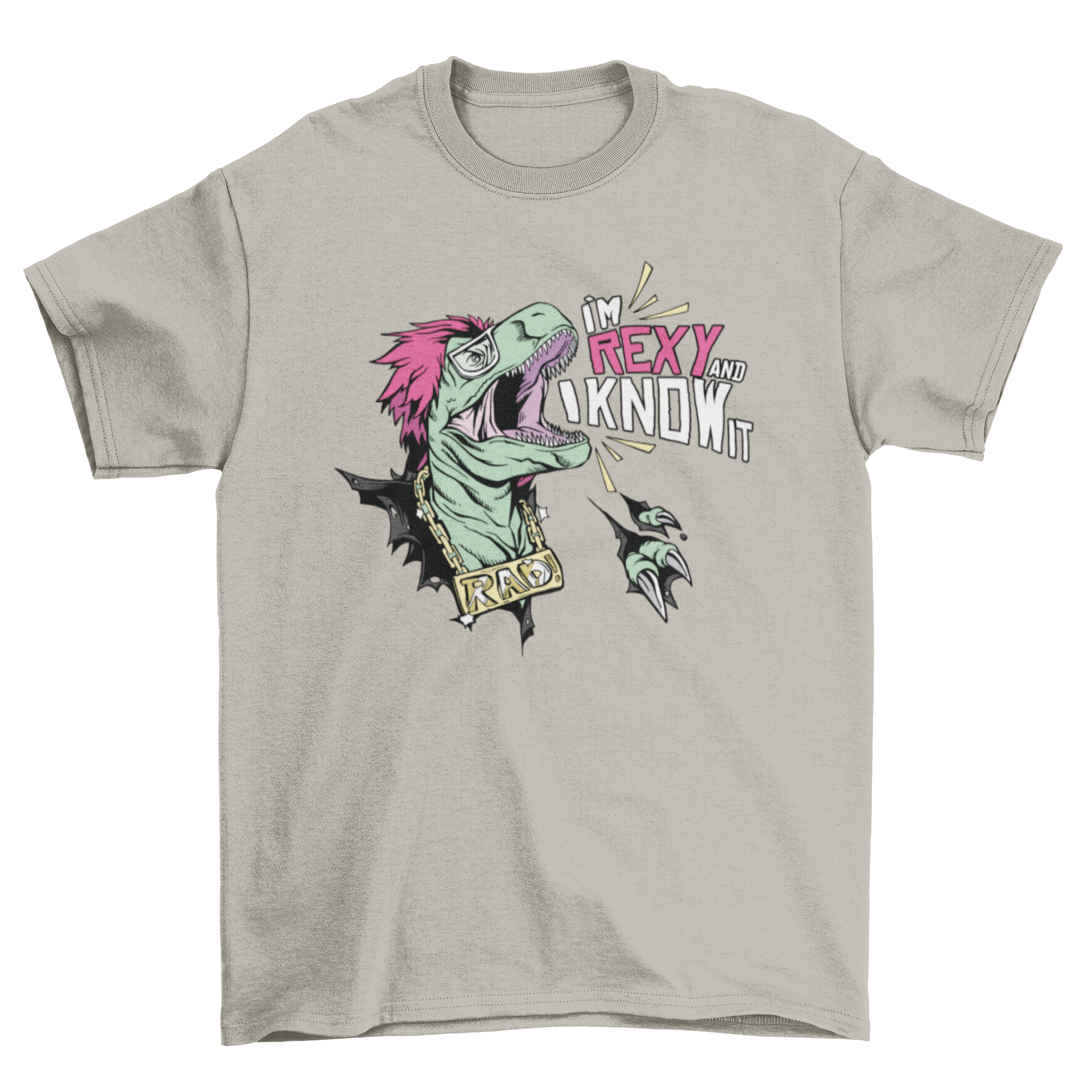 Rexy T-Rex T-Shirt featuring a playful dinosaur design with the phrase 'I'm Rexy and I know it.'