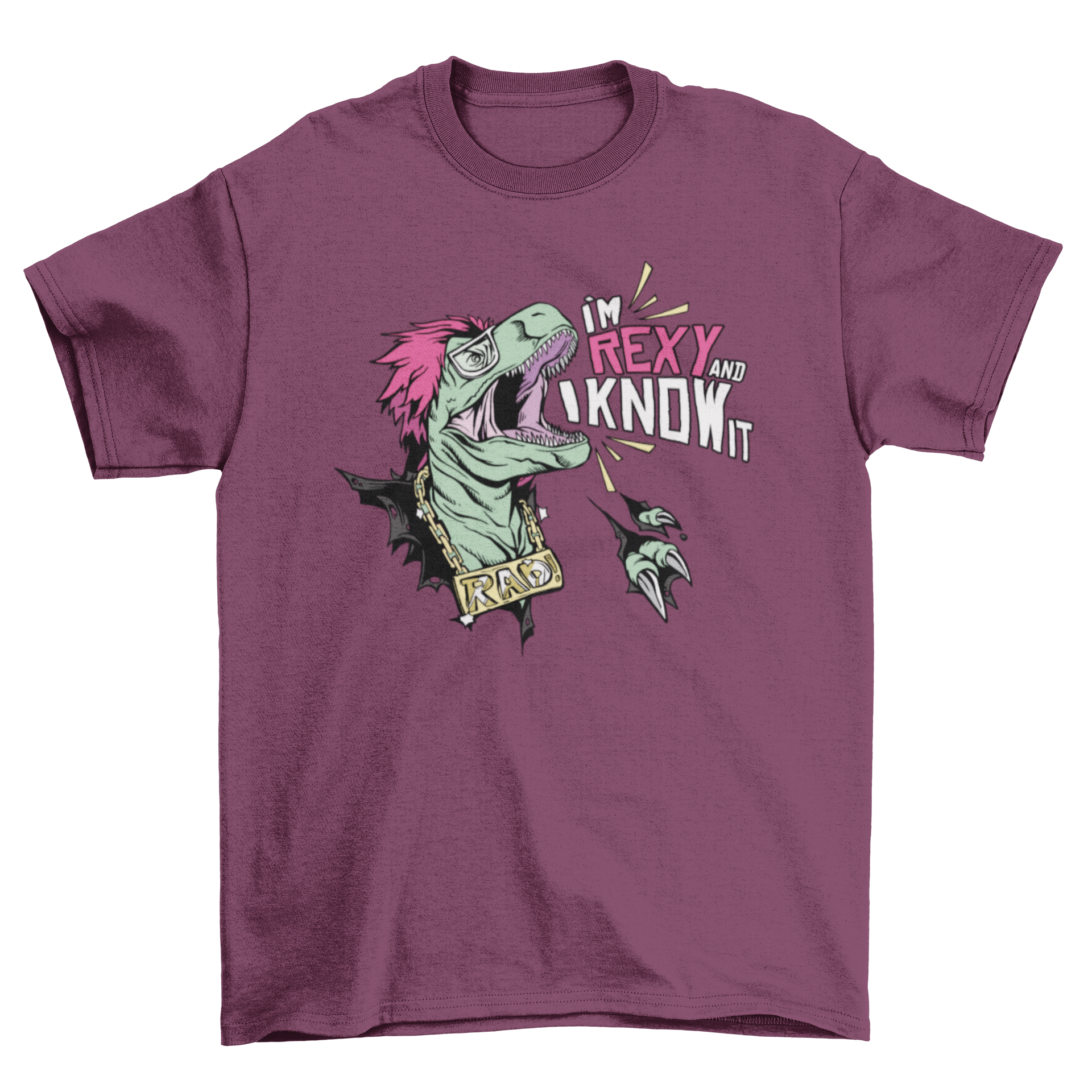 Rexy T-Rex T-Shirt featuring a playful dinosaur design with the phrase 'I'm Rexy and I know it.'