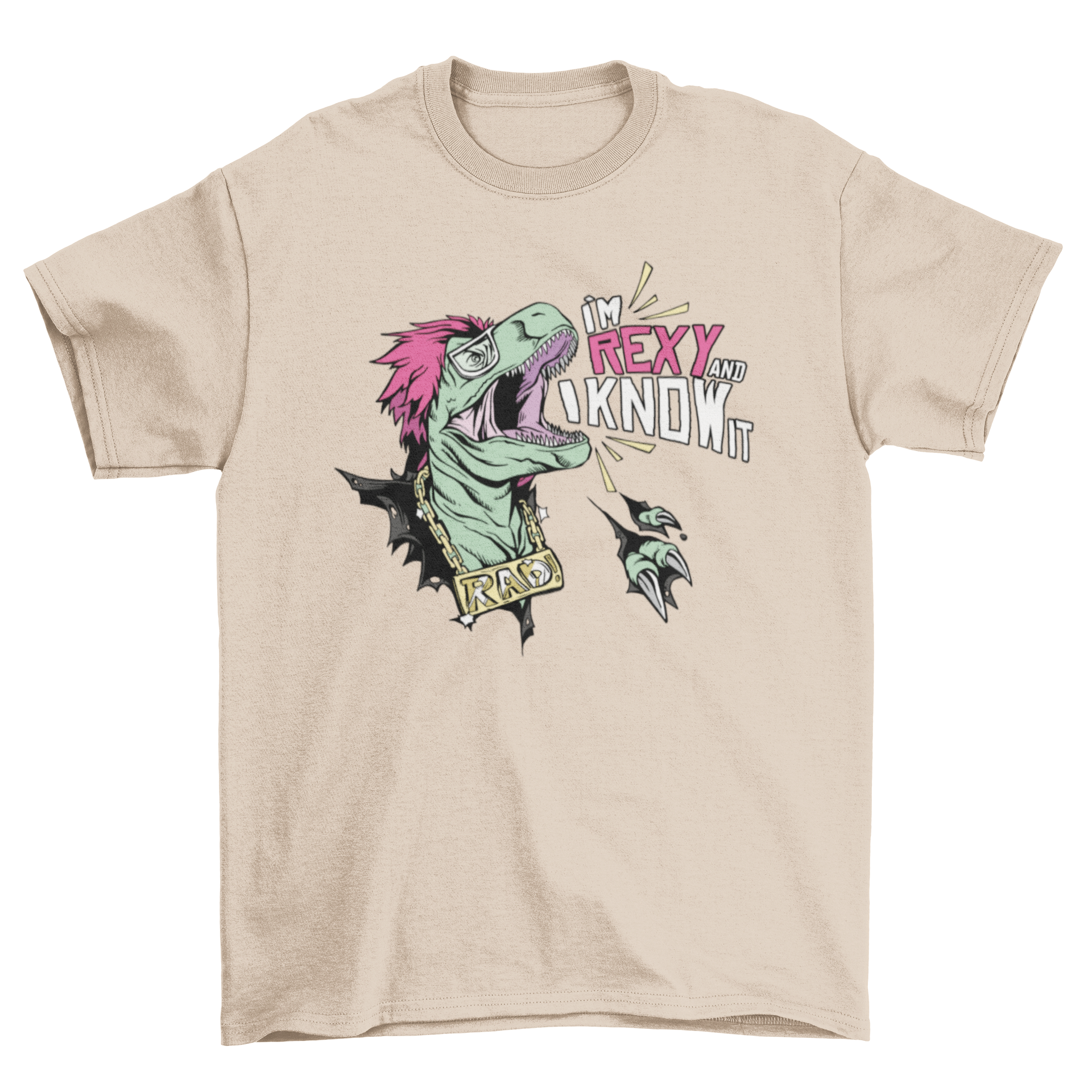 Rexy T-Rex T-Shirt featuring a playful dinosaur design with the phrase 'I'm Rexy and I know it.'