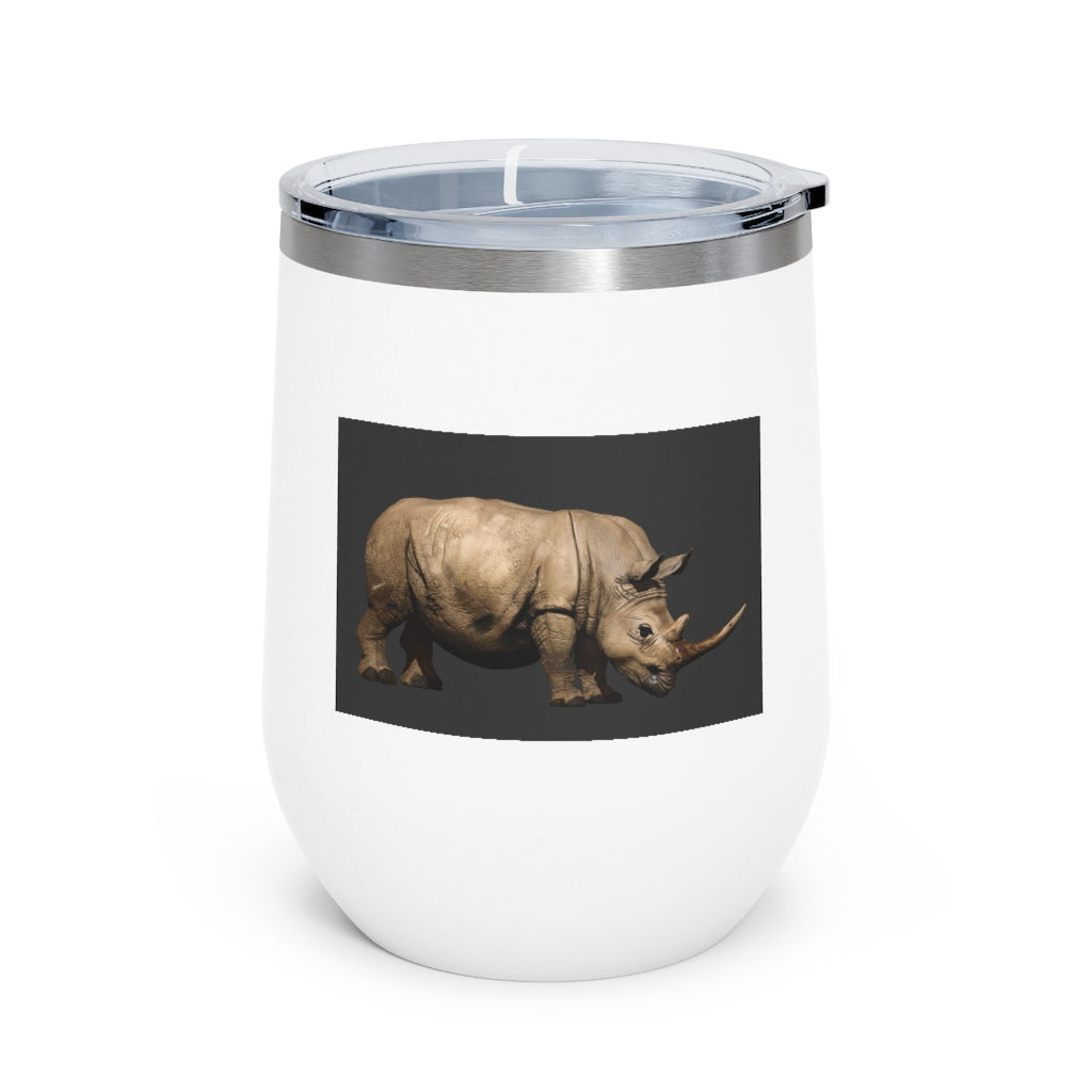 Rhino 12oz Insulated Wine Tumbler in stainless steel with a clear lid, perfect for hot or cold beverages.