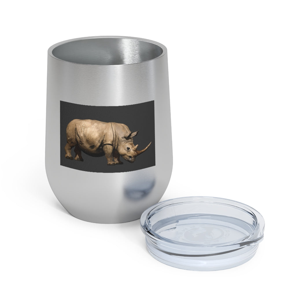 Rhino 12oz Insulated Wine Tumbler in stainless steel with a clear lid, perfect for hot or cold beverages.