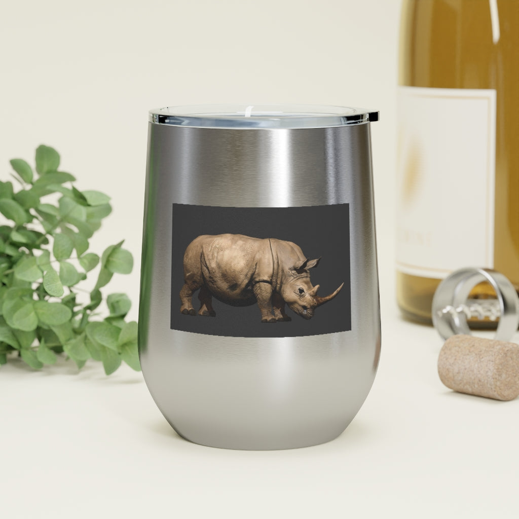 Rhino 12oz Insulated Wine Tumbler in stainless steel with a clear lid, perfect for hot or cold beverages.