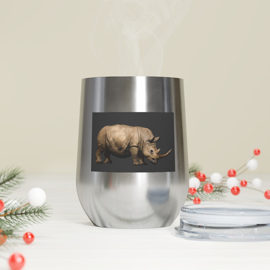 Rhino 12oz Insulated Wine Tumbler in stainless steel with a clear lid, perfect for hot or cold beverages.