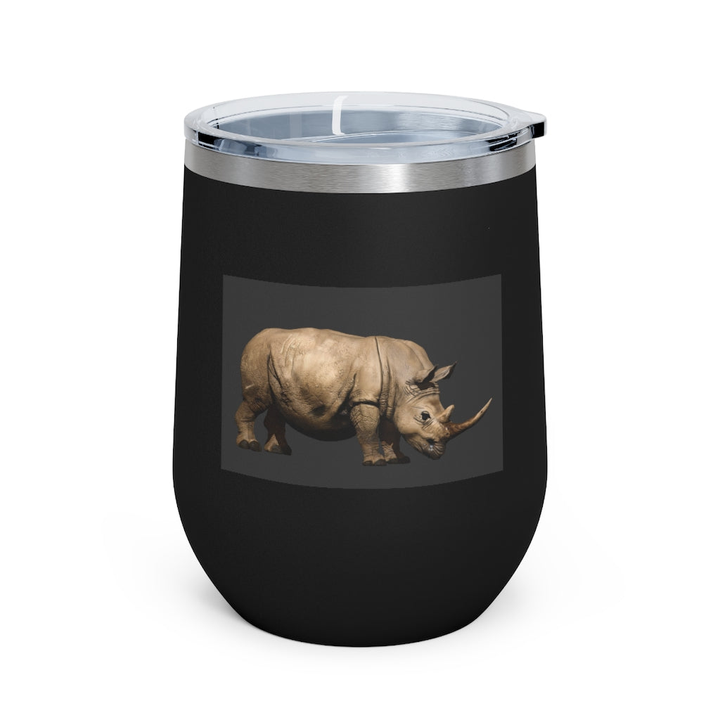 Rhino 12oz Insulated Wine Tumbler in stainless steel with a clear lid, perfect for hot or cold beverages.