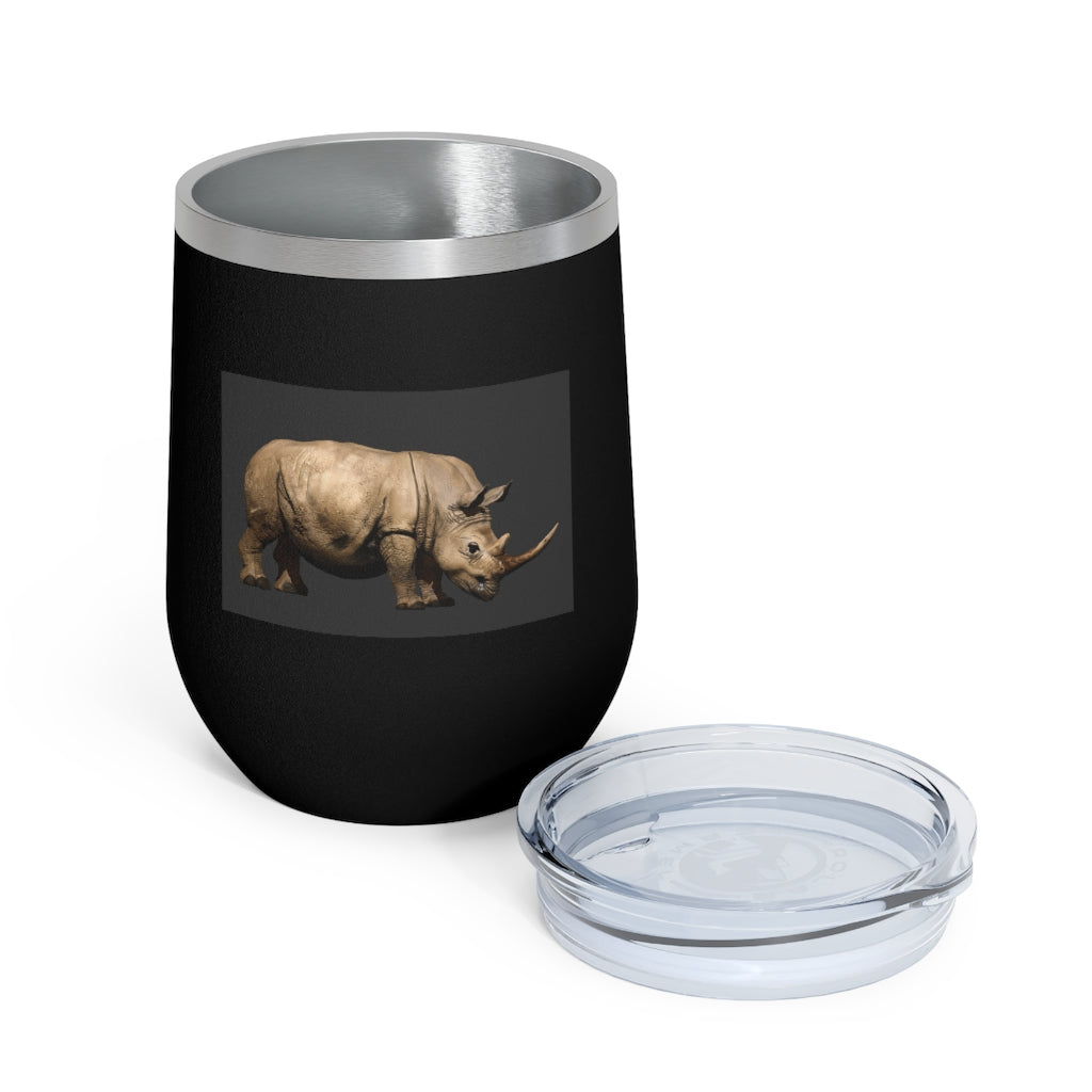 Rhino 12oz Insulated Wine Tumbler in stainless steel with a clear lid, perfect for hot or cold beverages.