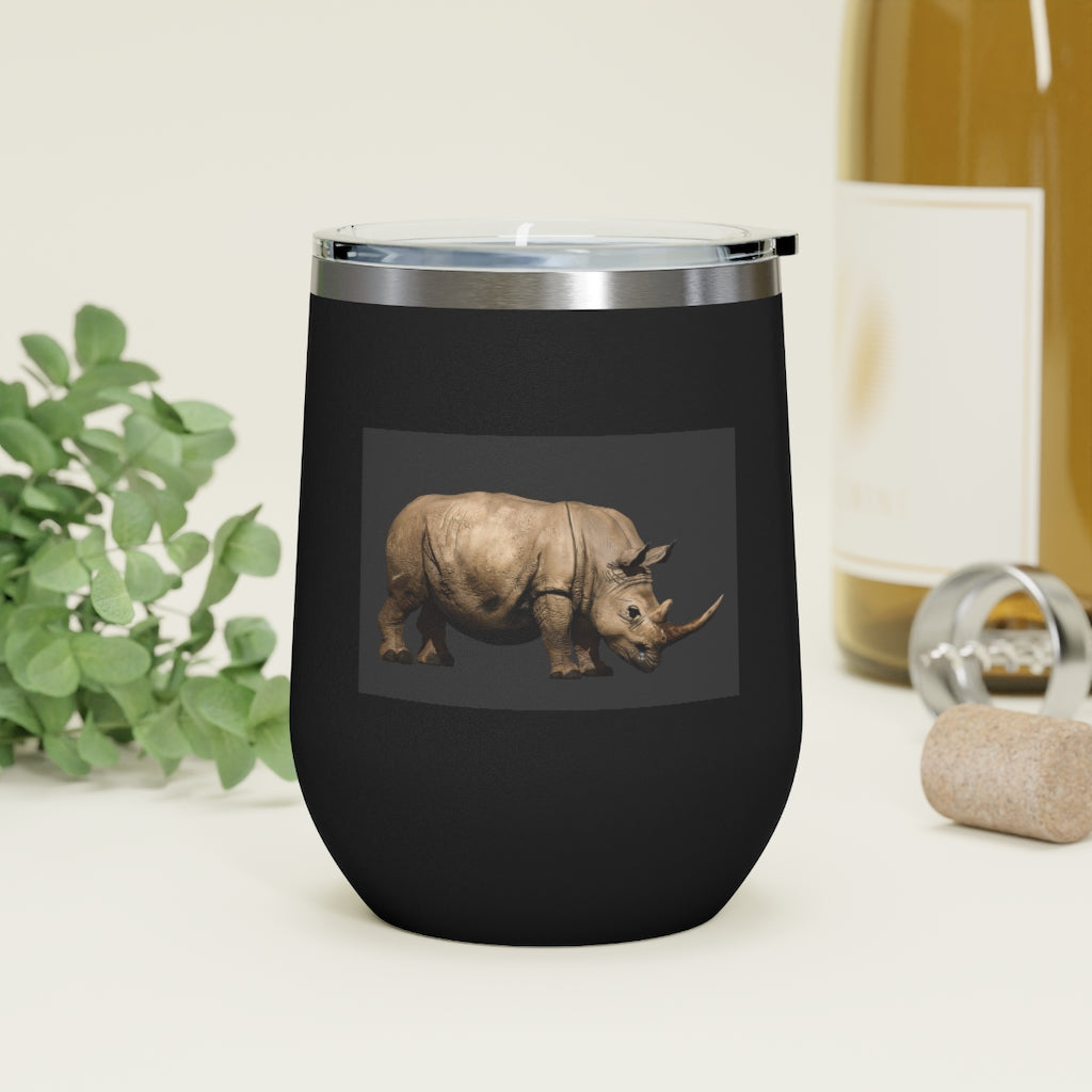 Rhino 12oz Insulated Wine Tumbler in stainless steel with a clear lid, perfect for hot or cold beverages.