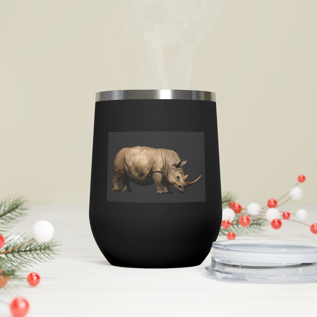 Rhino 12oz Insulated Wine Tumbler in stainless steel with a clear lid, perfect for hot or cold beverages.