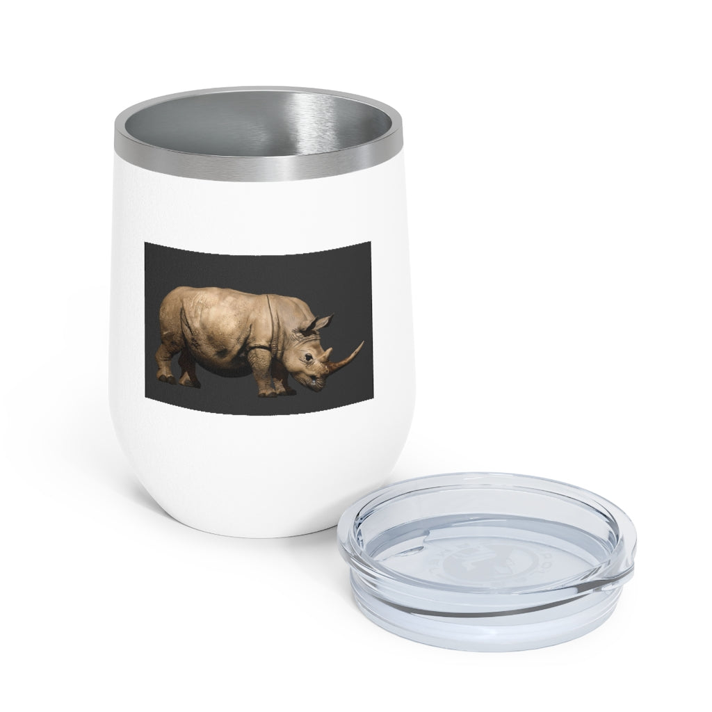 Rhino 12oz Insulated Wine Tumbler in stainless steel with a clear lid, perfect for hot or cold beverages.