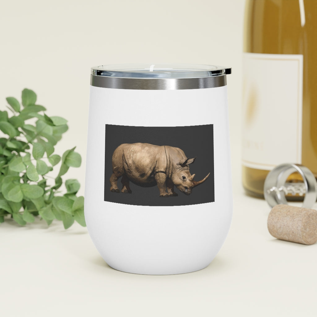 Rhino 12oz Insulated Wine Tumbler in stainless steel with a clear lid, perfect for hot or cold beverages.