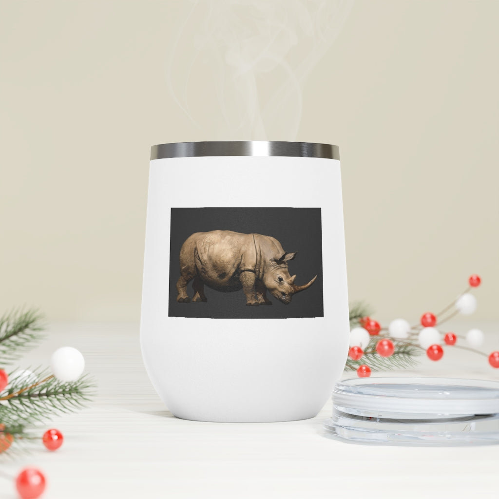 Rhino 12oz Insulated Wine Tumbler in stainless steel with a clear lid, perfect for hot or cold beverages.