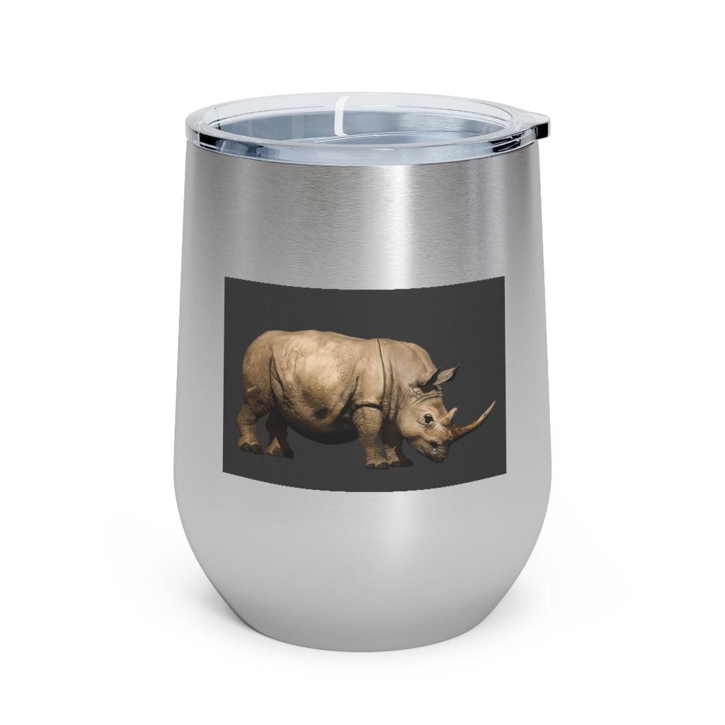 Rhino 12oz Insulated Wine Tumbler in stainless steel with a clear lid, perfect for hot or cold beverages.