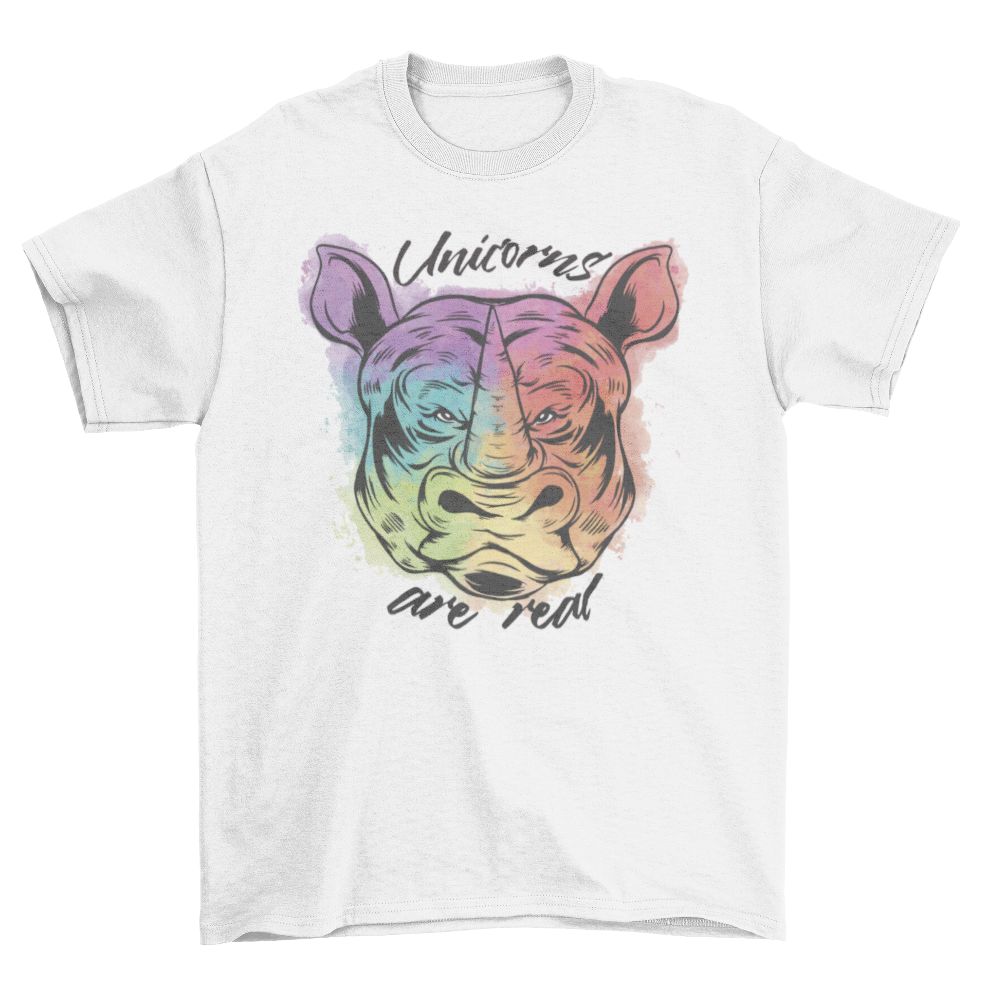 Colorful t-shirt featuring a rhinoceros head design with the quote 'Unicorns are real'.