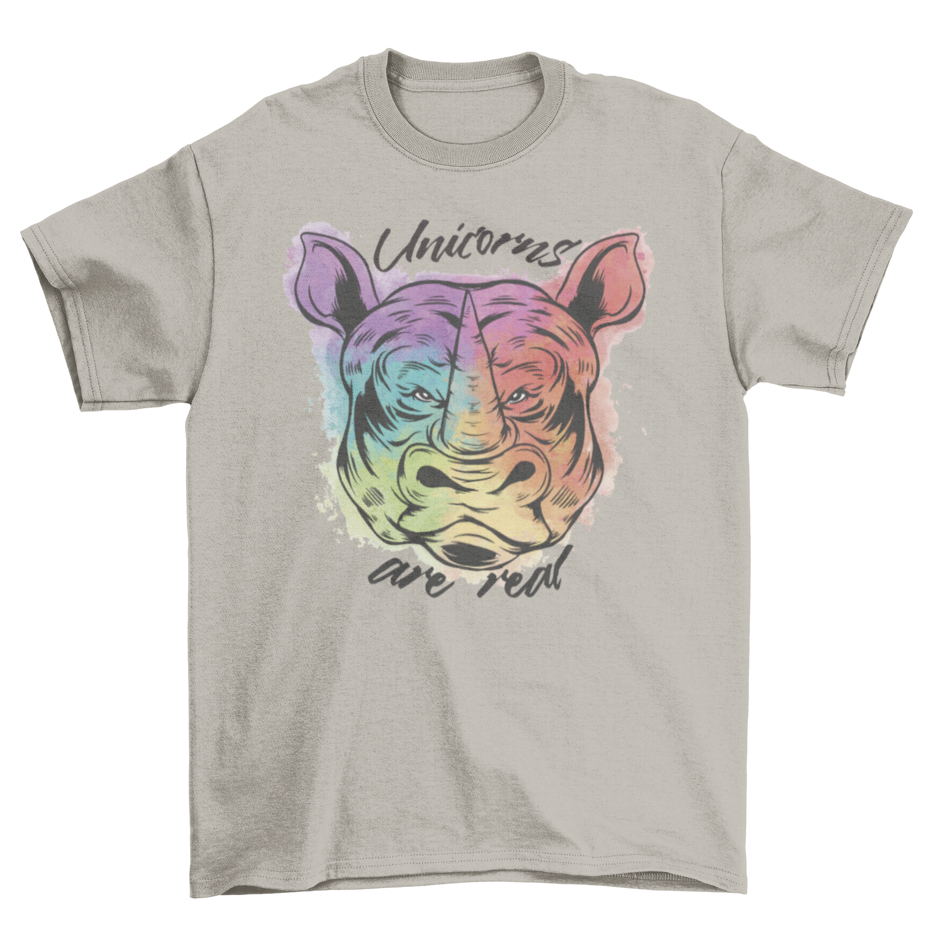 Colorful t-shirt featuring a rhinoceros head design with the quote 'Unicorns are real'.