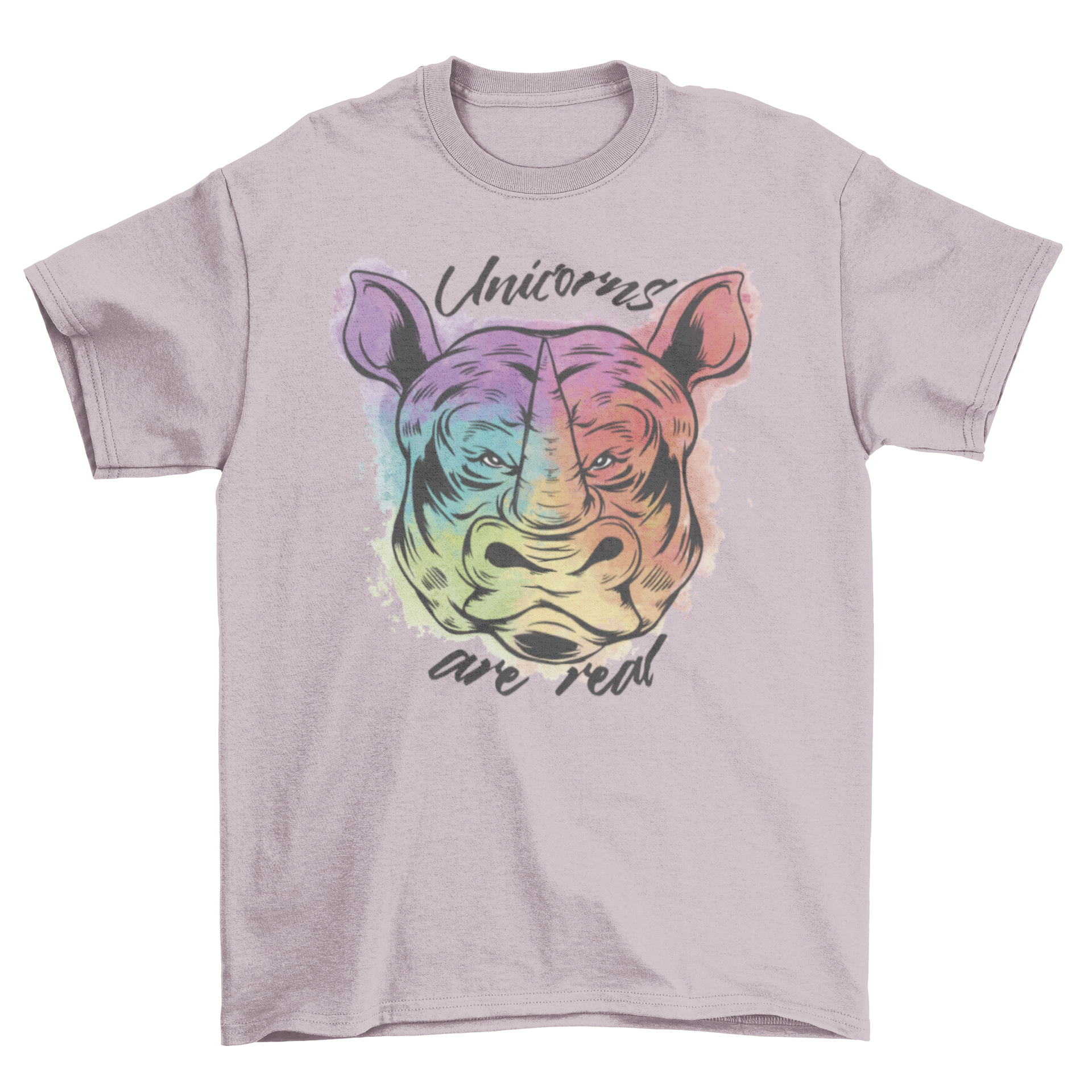 Colorful t-shirt featuring a rhinoceros head design with the quote 'Unicorns are real'.