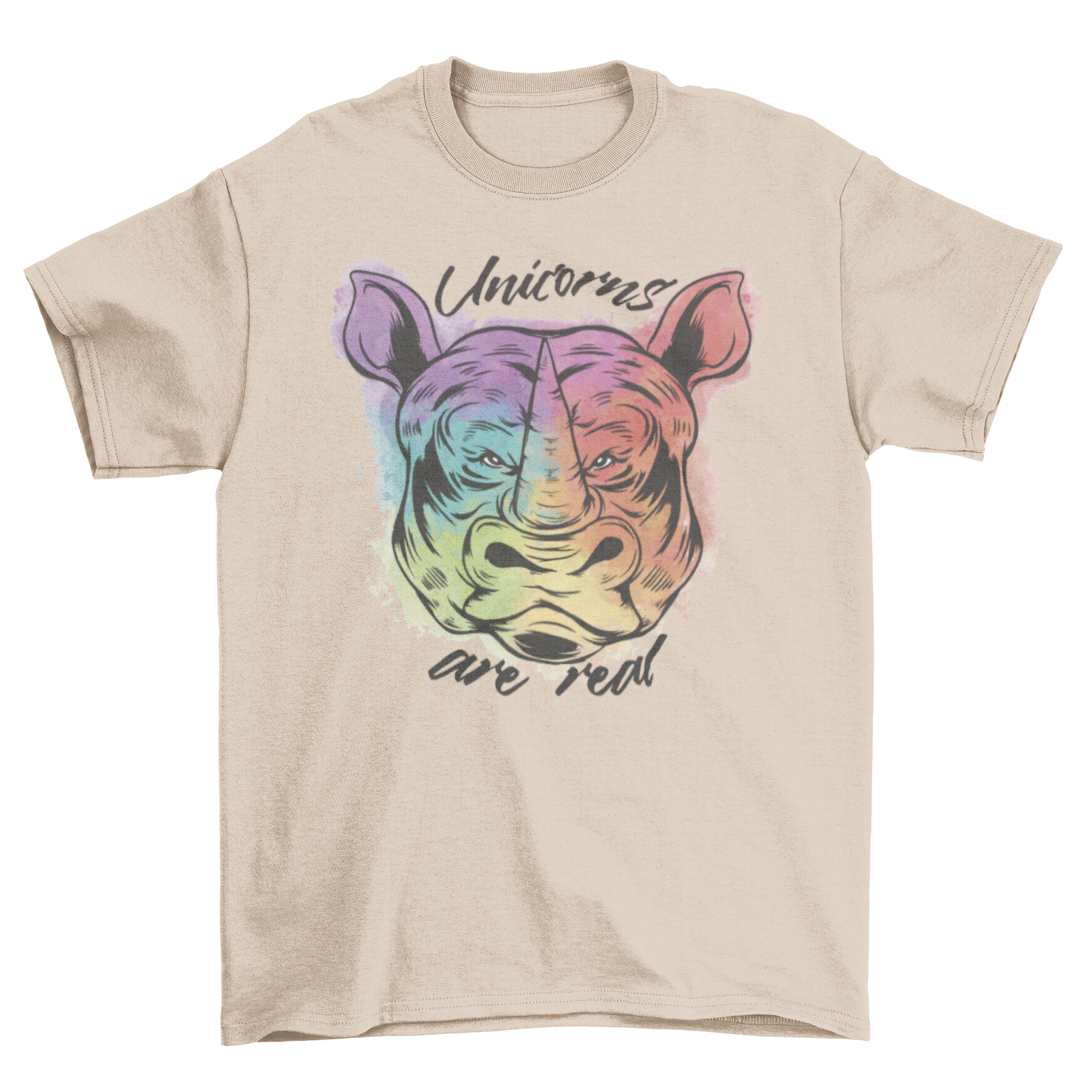 Colorful t-shirt featuring a rhinoceros head design with the quote 'Unicorns are real'.