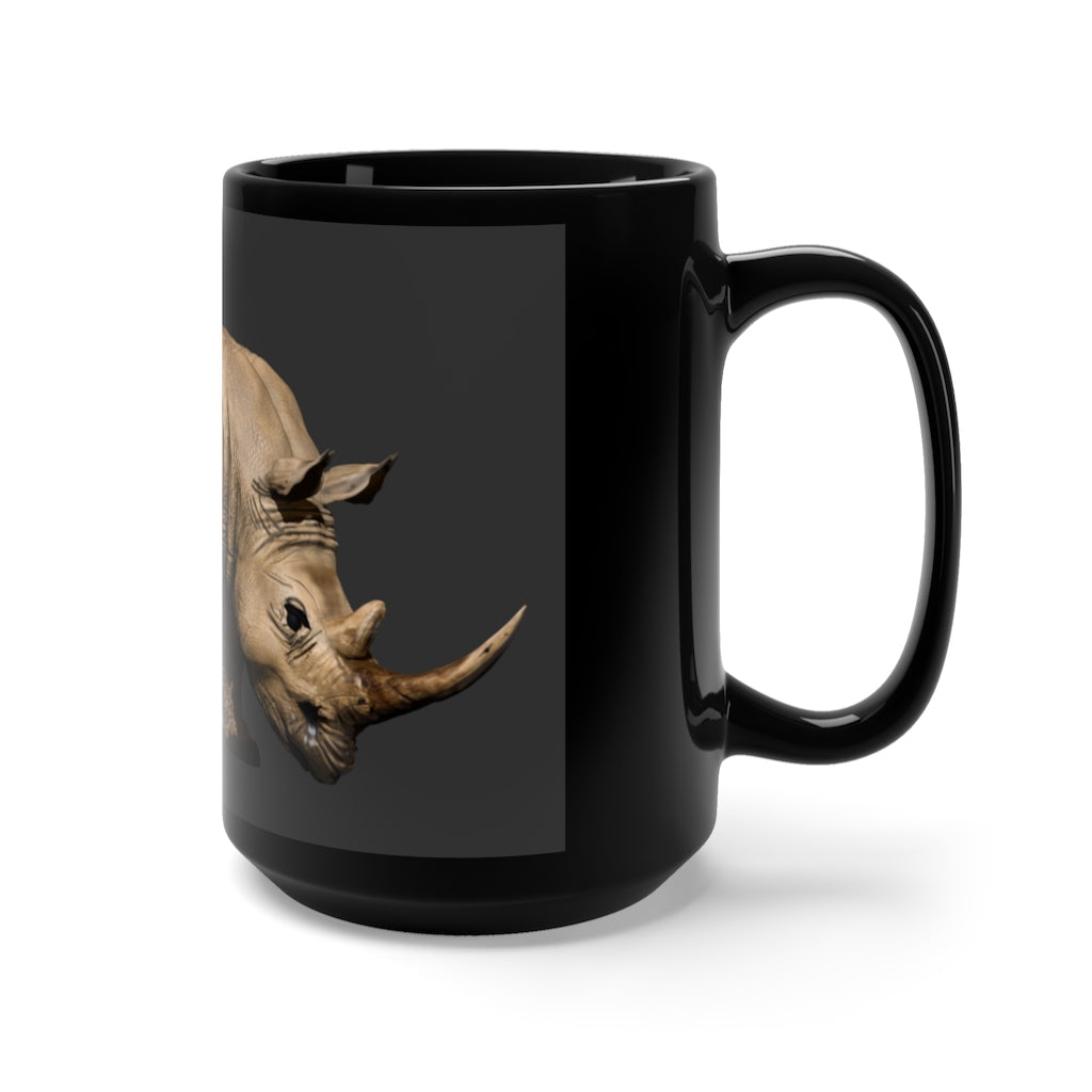 Rhino Black Mug 15oz featuring a sleek black ceramic design with rounded corners and a comfortable C-handle.